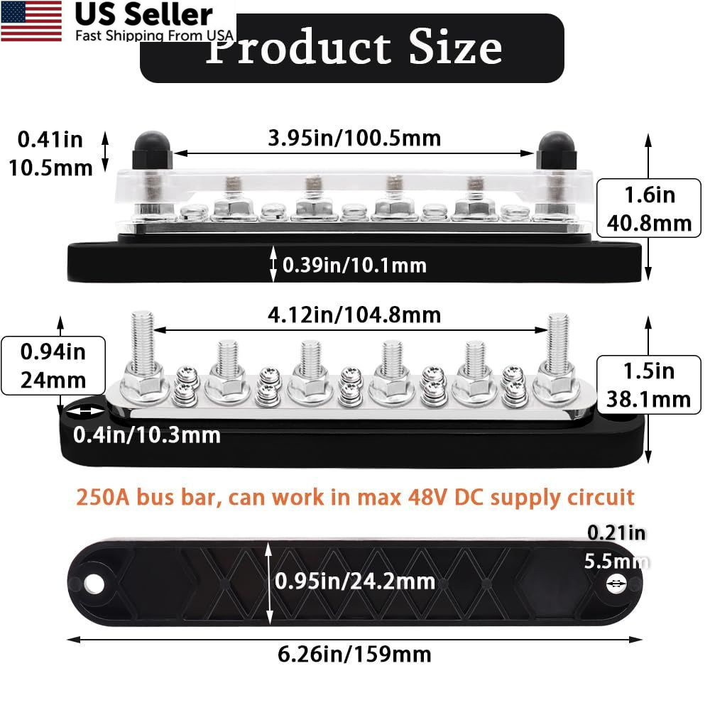 Dianrui 12V Bus Bar 1/4″ Power 6×1/4″(M6);10x#8(M4), Red and Black
