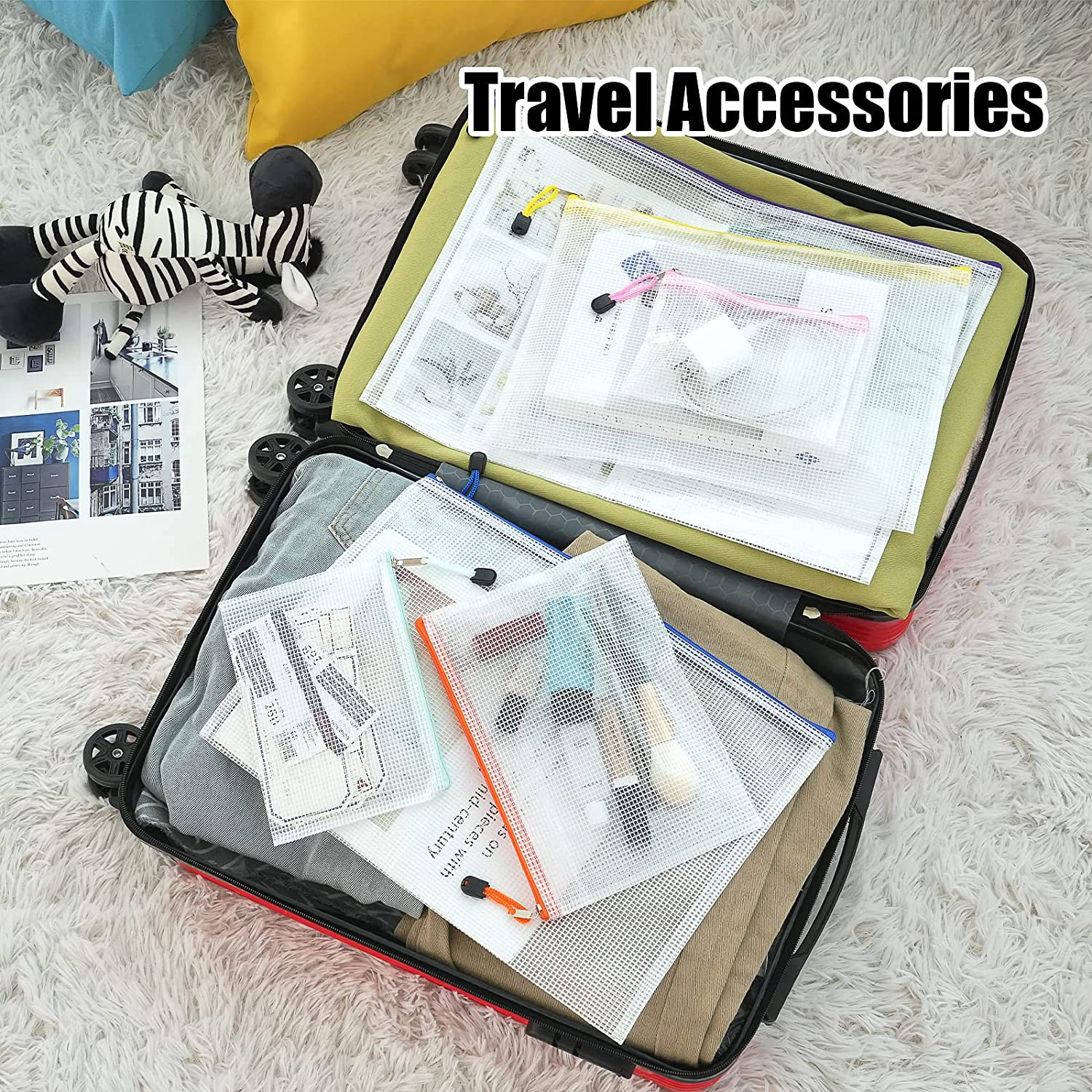 12Pcs Multi-Size Mesh Zipper Pouches, 6 Sizes, 12 Colors Waterproof
