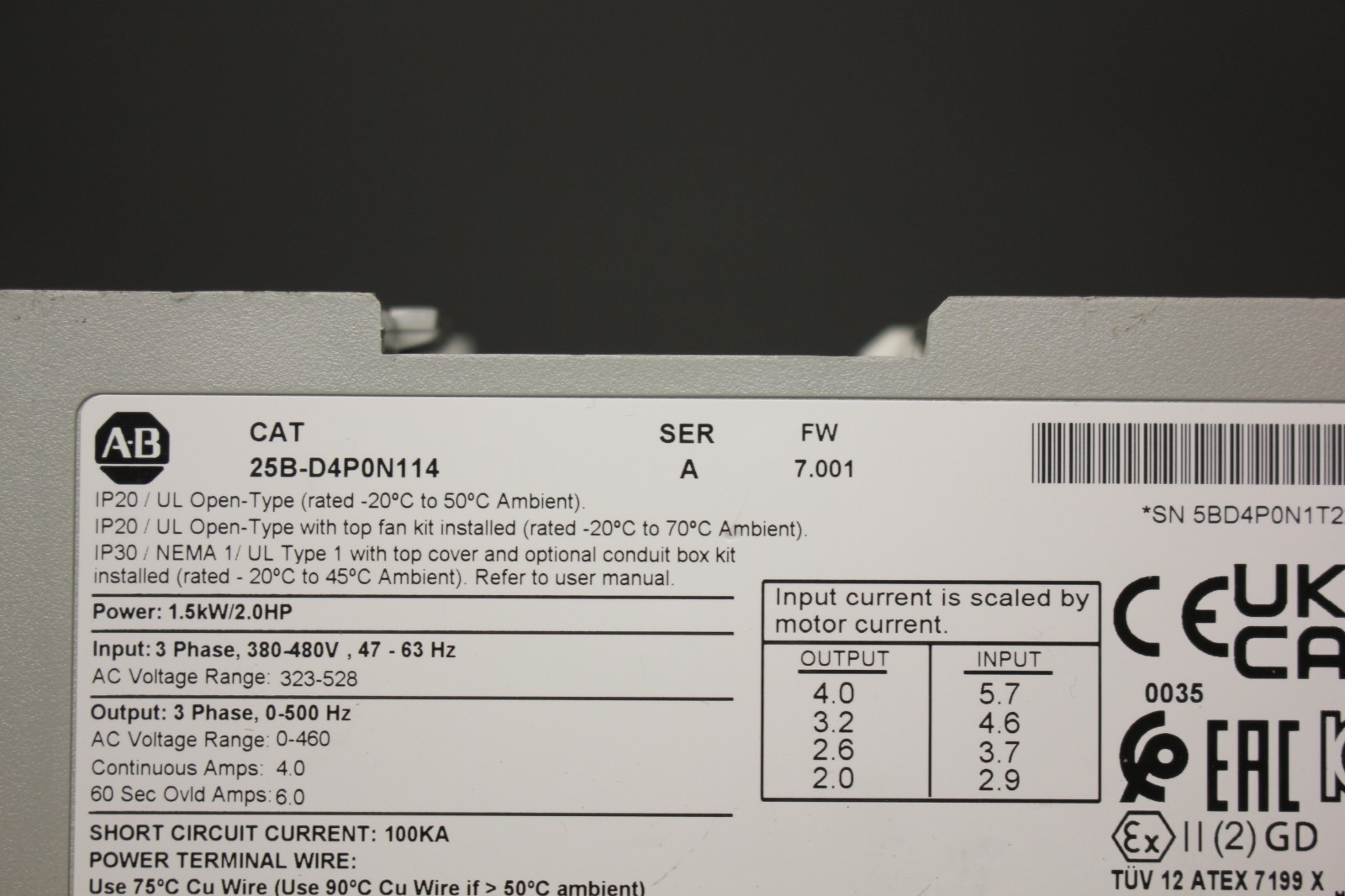 ALLEN BRADLEY POWERFLEX 525 2HP AC DRIVE 25B-D4P0N114 SER. A