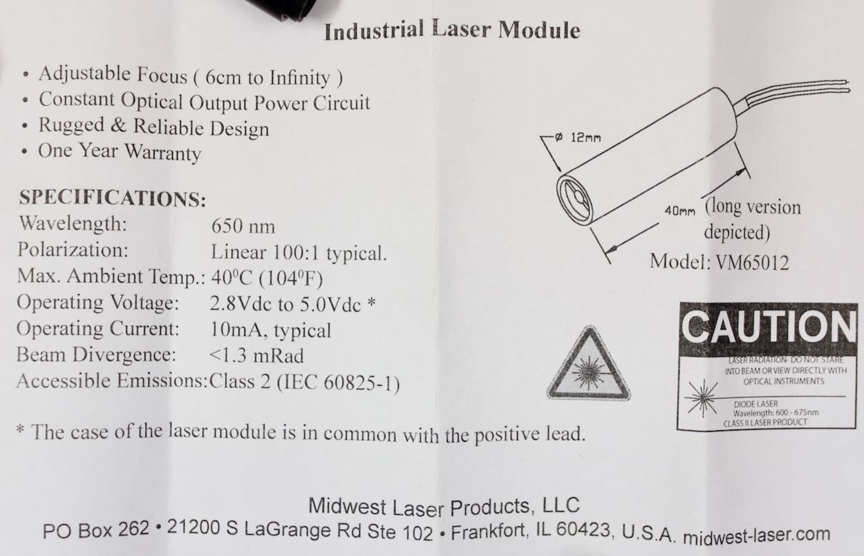 4 Midwest VM65012 Red Dot Laser Modules 12mm 650nm 0.8 to 0.95 mW Class 2