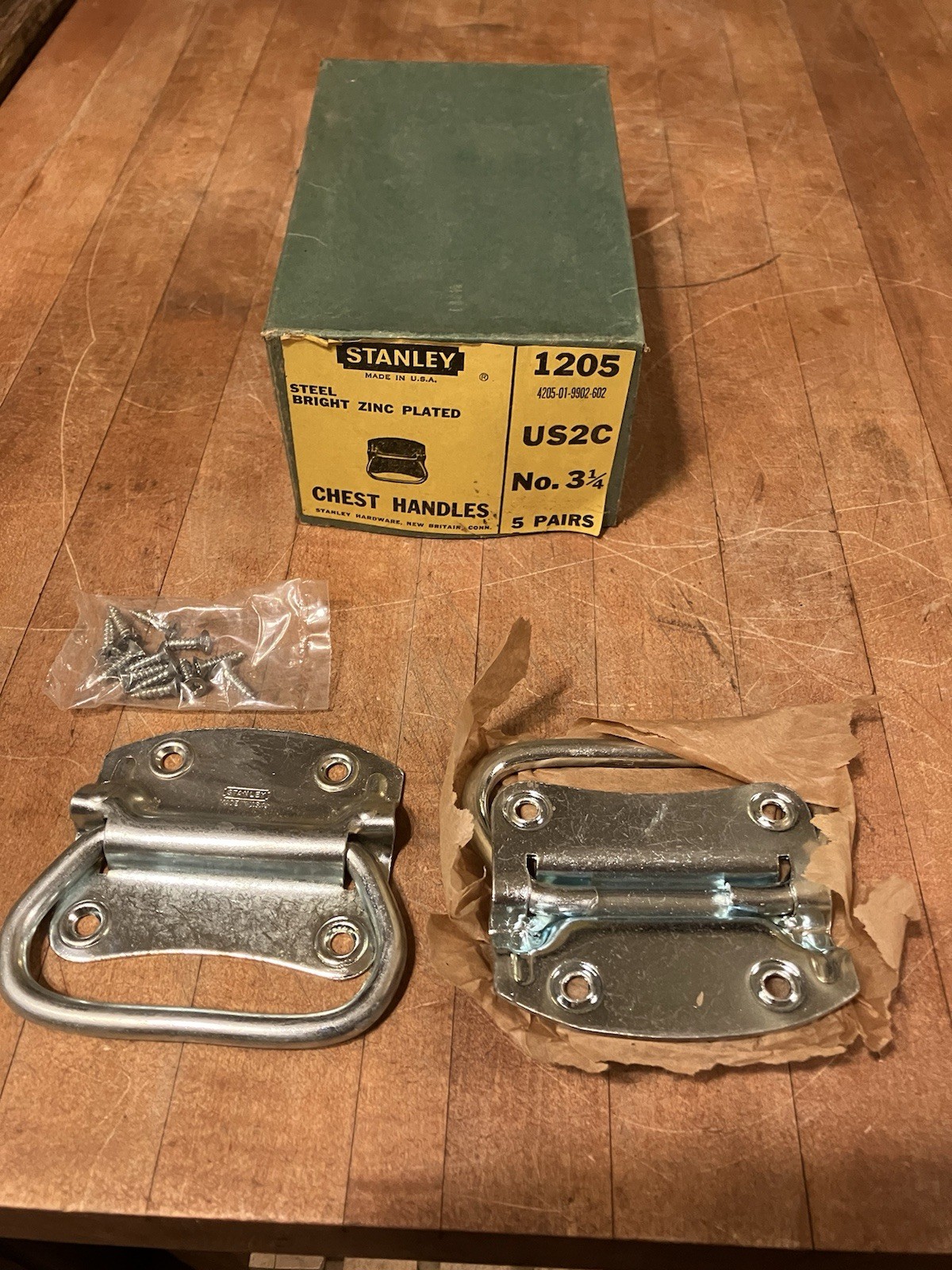 NOS Vtg. 5 Sets Stanley 1205 US2C Steel Zinc Plated Chest Handles No. 3 1/4 USA
