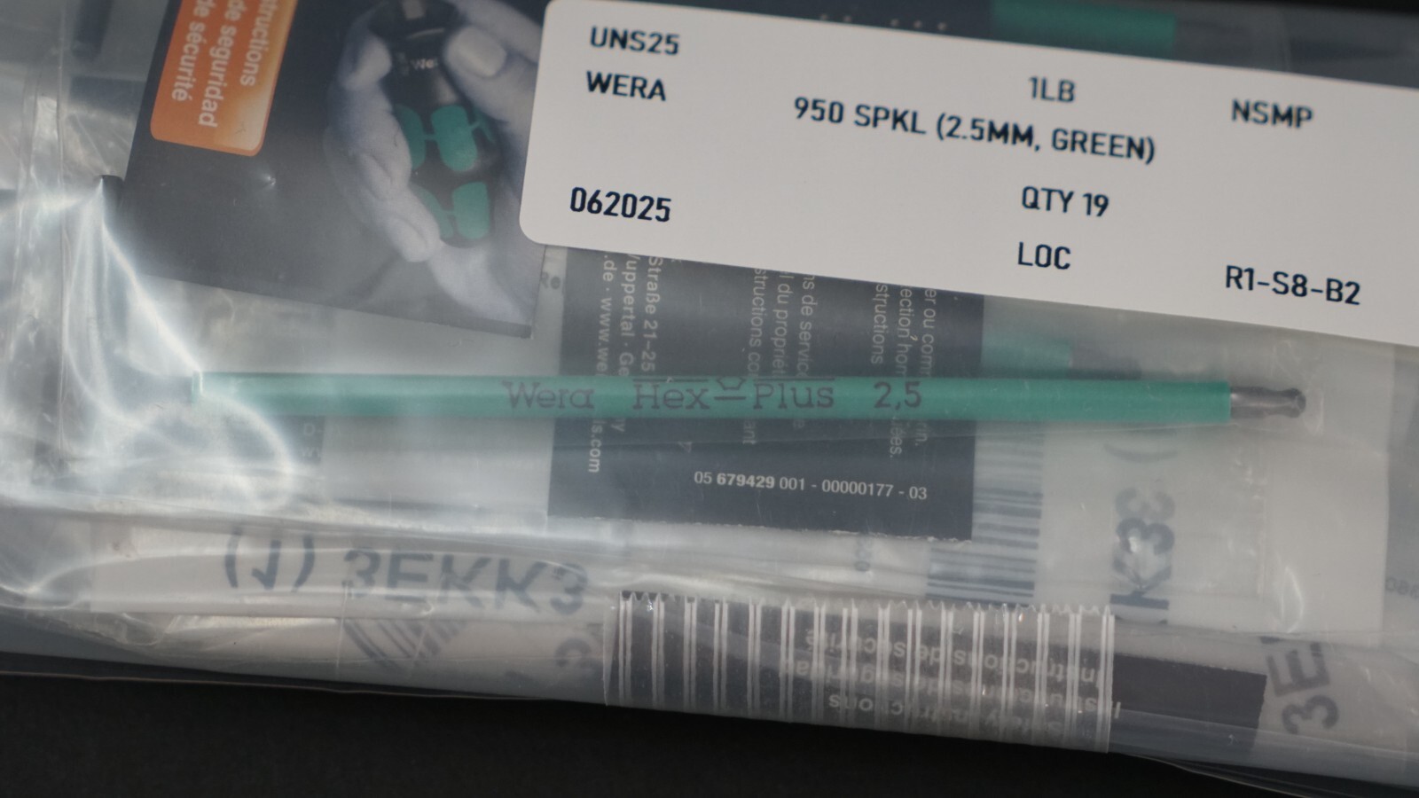 Wera 950 SPKL Ball End Hex Key, 2.5mm L-Key, Green (QTY 19)