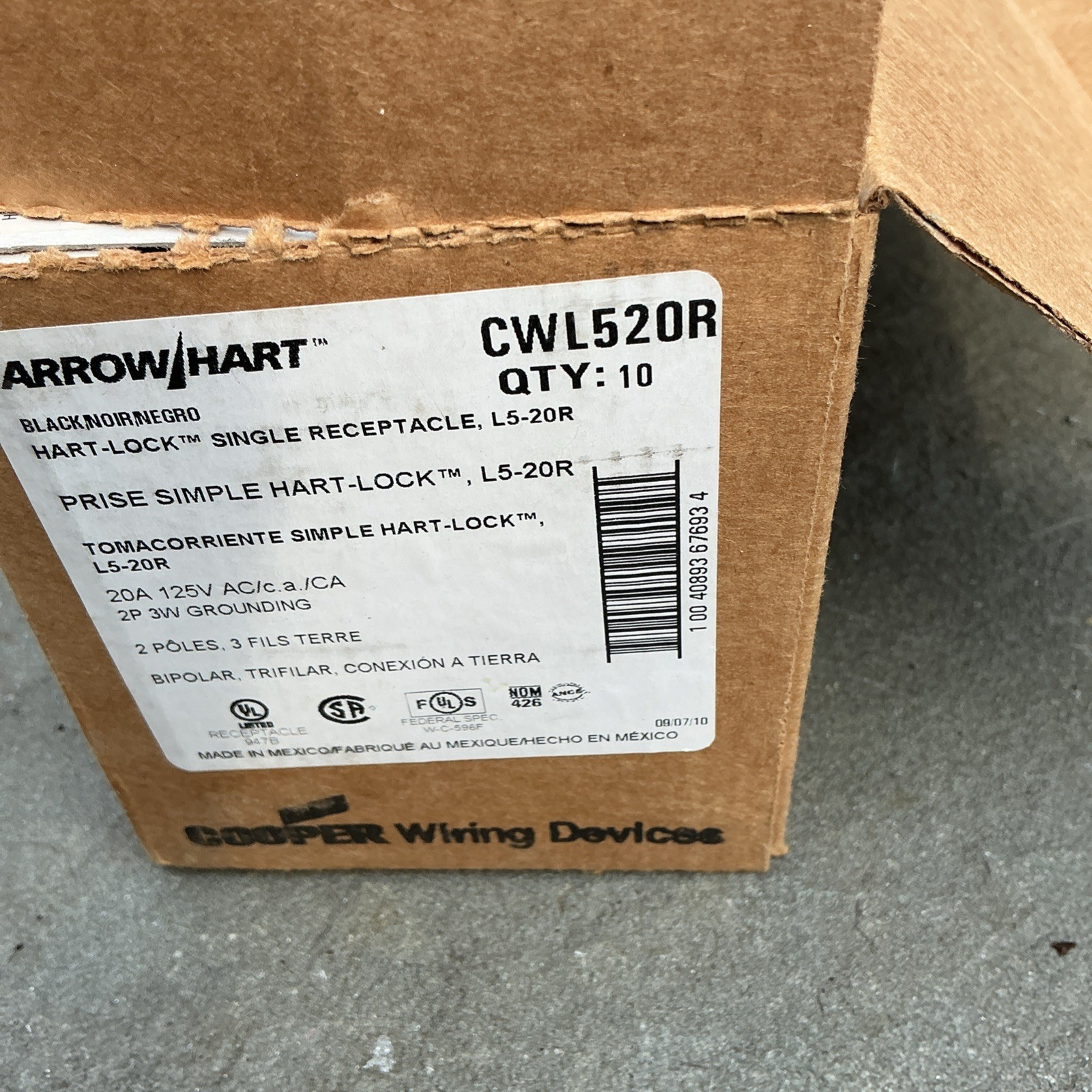 Arrow Hart L5-20 Receptacle, 20A, 125V, Used