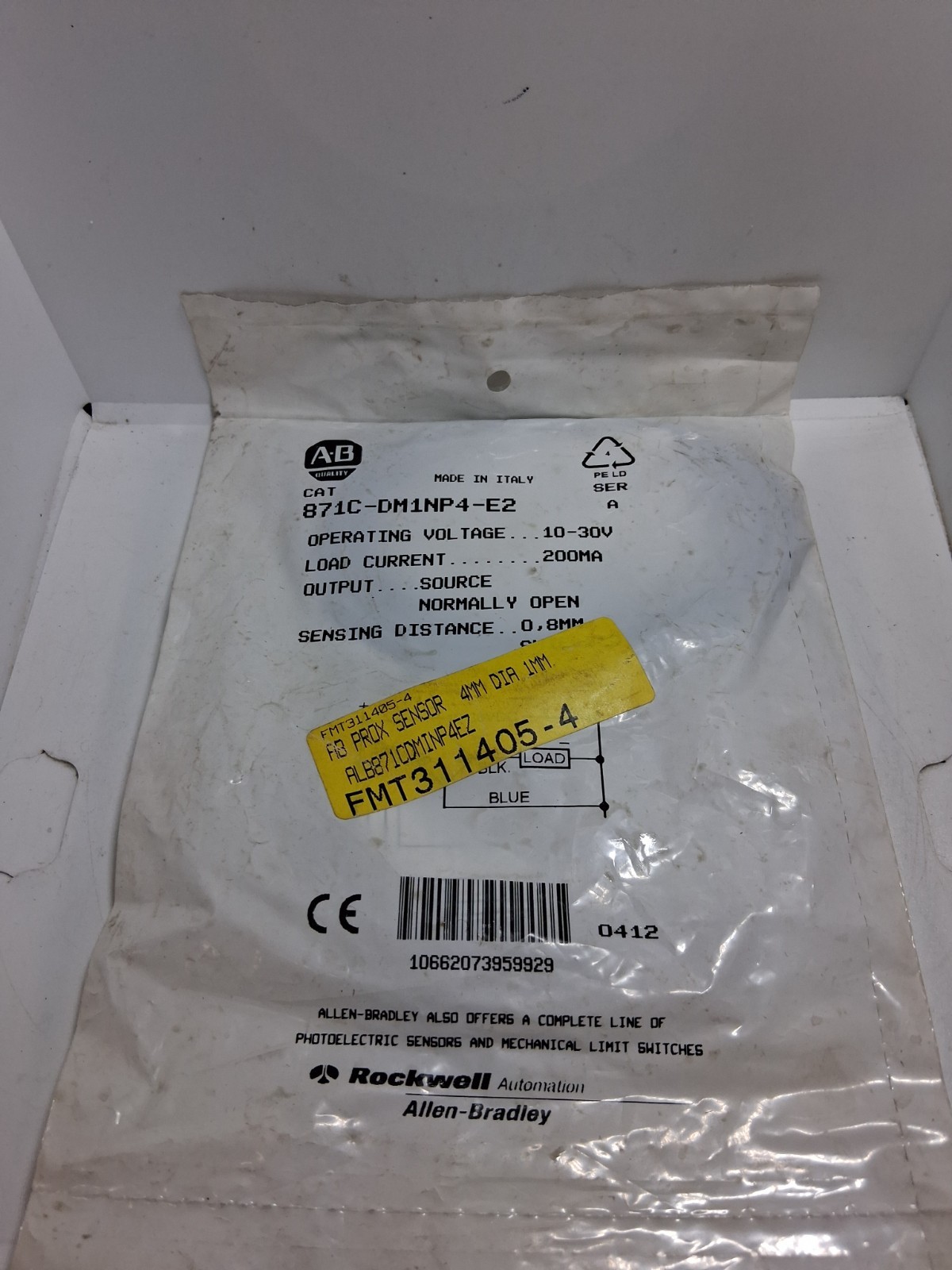 ALLEN BRADLEY 871C-DM1NP4-E2 PROX SENSOR 10-30V 200MA NO SEN0.8MM SE A NIB