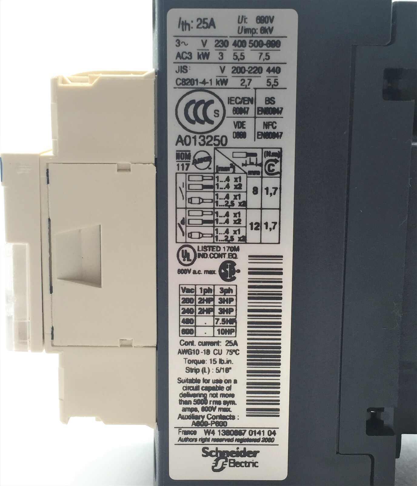 Square D LC1 DT25U7 Contactor 25A 4P 5,6kW 400V 7,5HP/480V 230V 50Hz Coil 057768