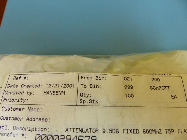 Scientific Atlanta 189420 Qty of 20 per Lot 9.5dB ATTENUATOR TO5 860MHZ 75 O