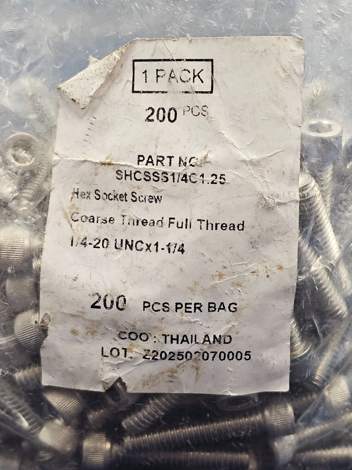 (QTY 200) SHCSSS1/4C1.25 1/4-20 X 1-1/4 Hex Socket Screw Coarse Full Thread