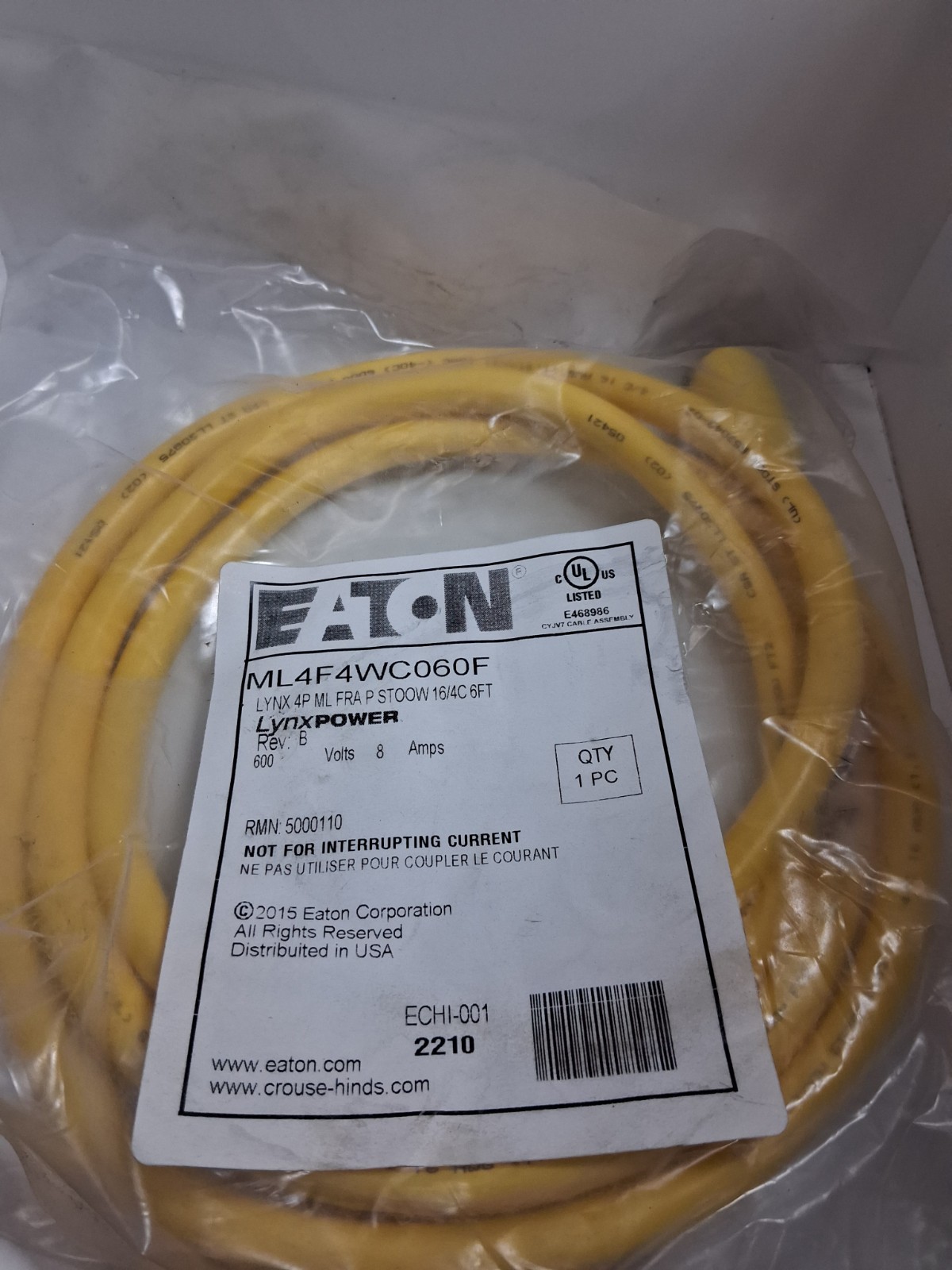 EATON ML4F4WC060F CORDSET MINI-LINE 600V 8 AMPS 4 POLE 6FT CABLE NIB