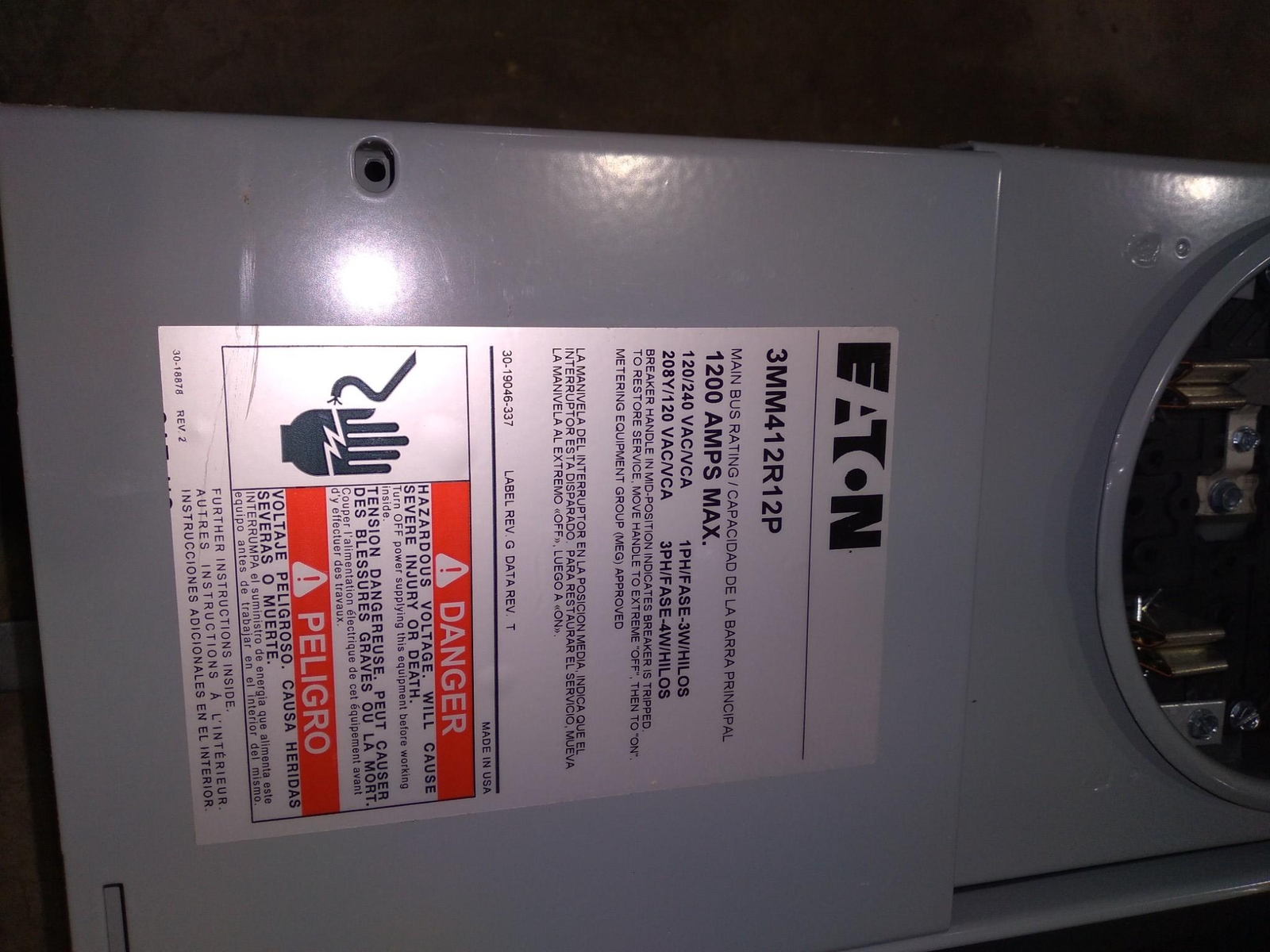 EATON 125A METER STACK 3MM412R12P 4 SOCKETS/BASES 1200A 120/240VAC TYPE 3R