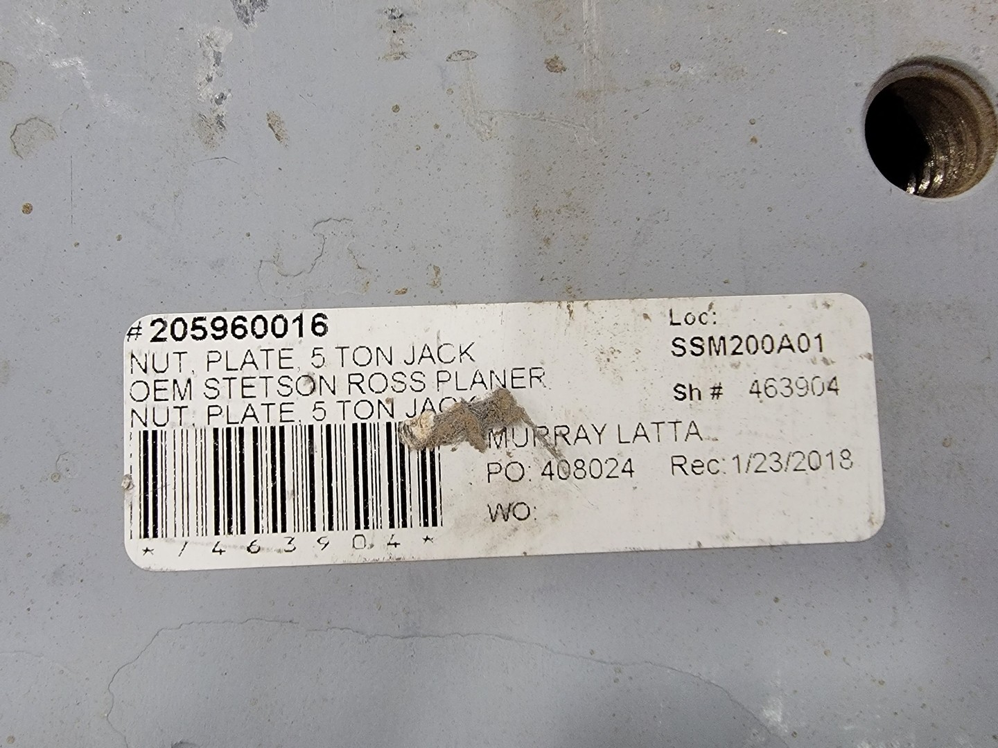 205960016 Nut Plate , 5 Ton Jack, OEM Stetson Ross Planer