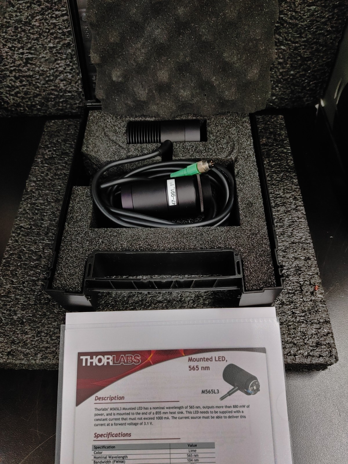 THORLABS M565L3 565 nm 880 mW 1000 mA Mounted LED w Lens Tube and Optic Filter