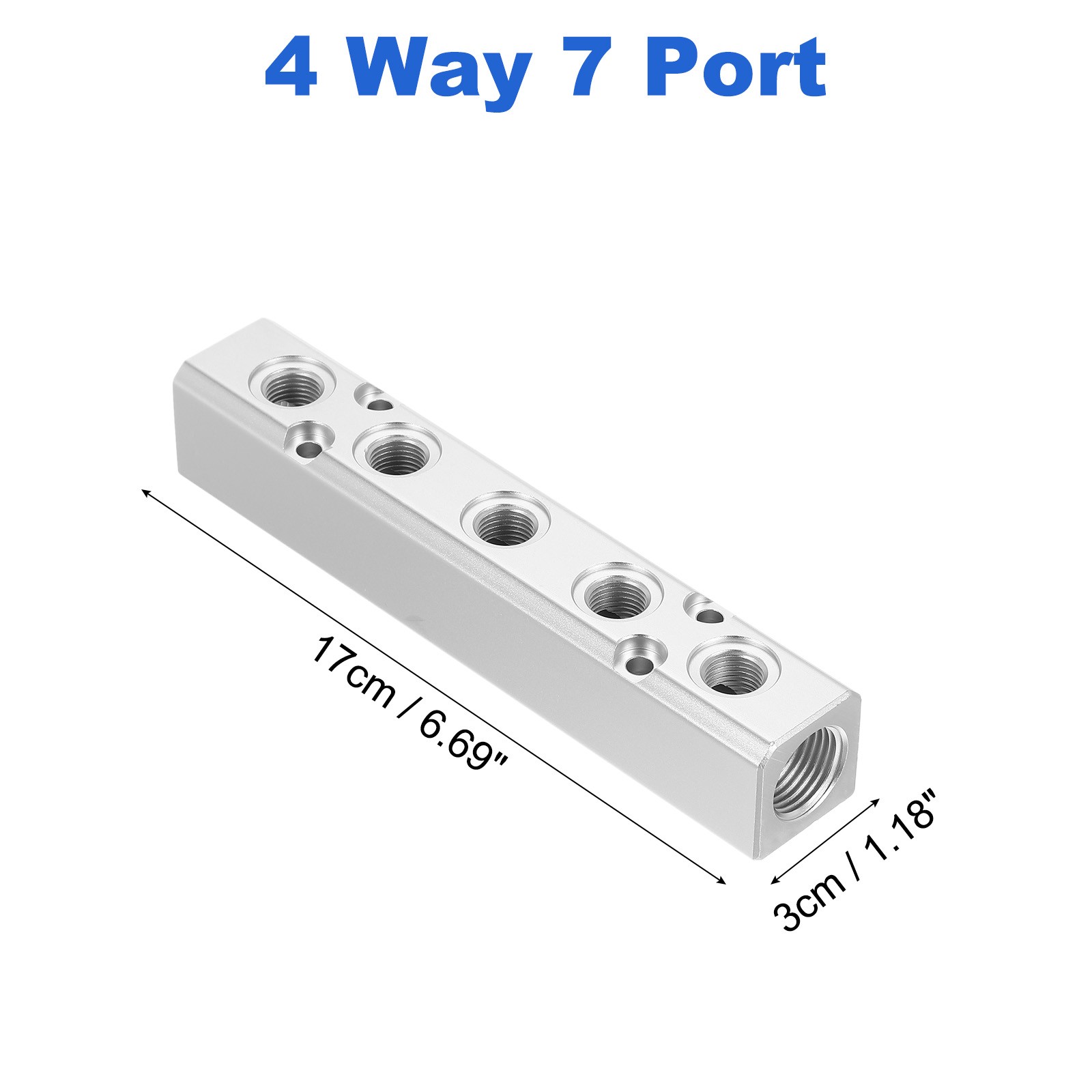 5 Way 7 Port 1/4″ Output Port 1/2″ Supply Port Air Hose Inline Manifold, Silver