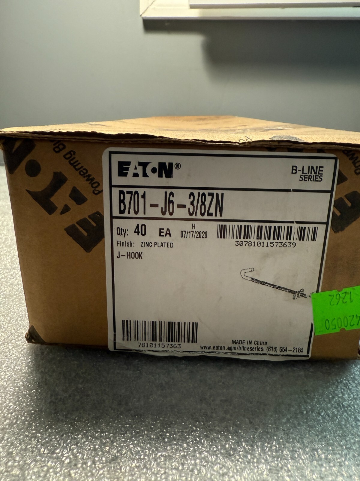 LOT OF 40 B-Line B701-J6-3/8ZN J-Hook, 11-3/4 in L, Low Carbon Steel, Electro-Pl