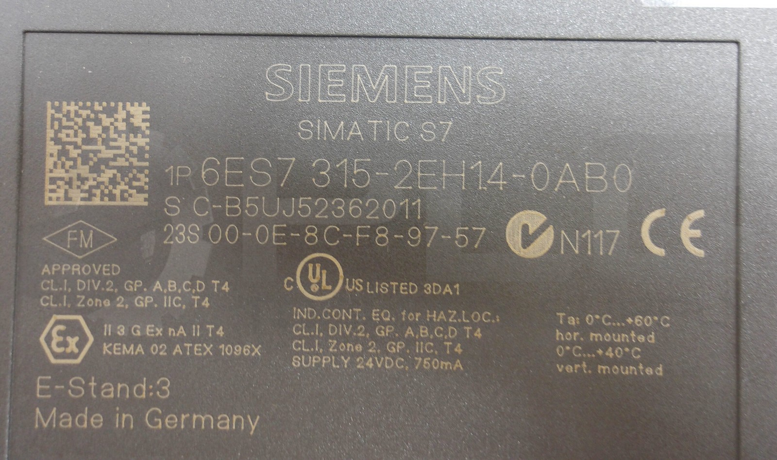 SIEMENS 6ES7 315-2EH14-0AB0 CPU MODULE W/ 6ES7 972-0BB52-0XA0 BUSCONNECTOR