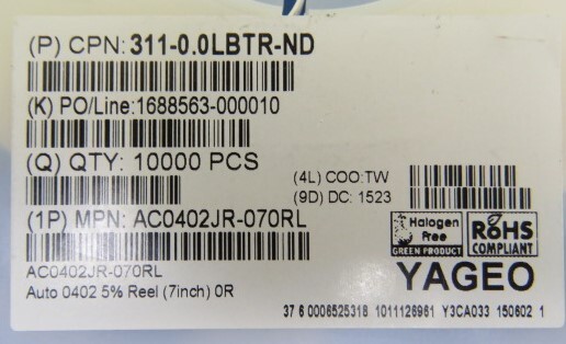 YAGEO AC0402JR-070RL Qty of 5200 per Lot RES 0.0 OHM 1/16W JUMP 0402 SMD