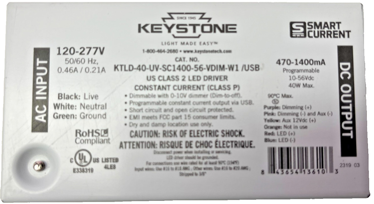 Keystone 40W 120-277V Programmable LED Driver KTLD-40-UV-SC1400-56-VDIM-W1 /USB