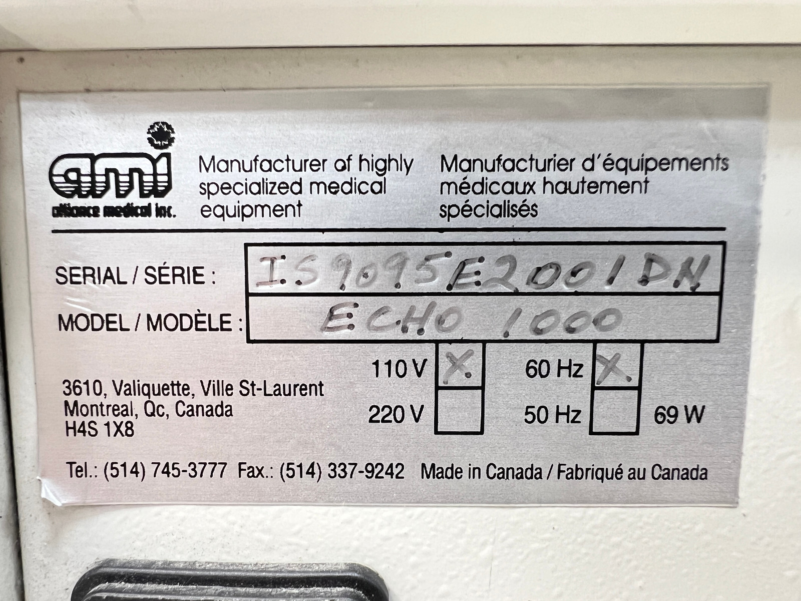 Alliance Medical Inc / AMI Echo 1000 110V 60HZ 6V/12V Input Medical Power Supply