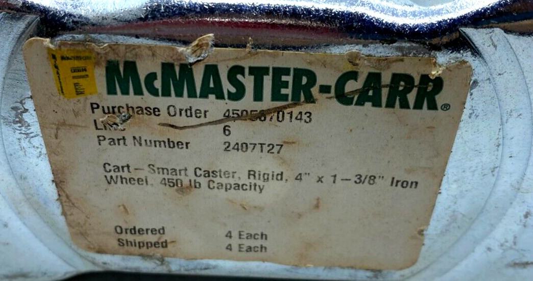 Faultless Lot of 4 Cart Smart Caster Rigid 4″x1-3/8″ Iron 450Lb Capacity 2407T27