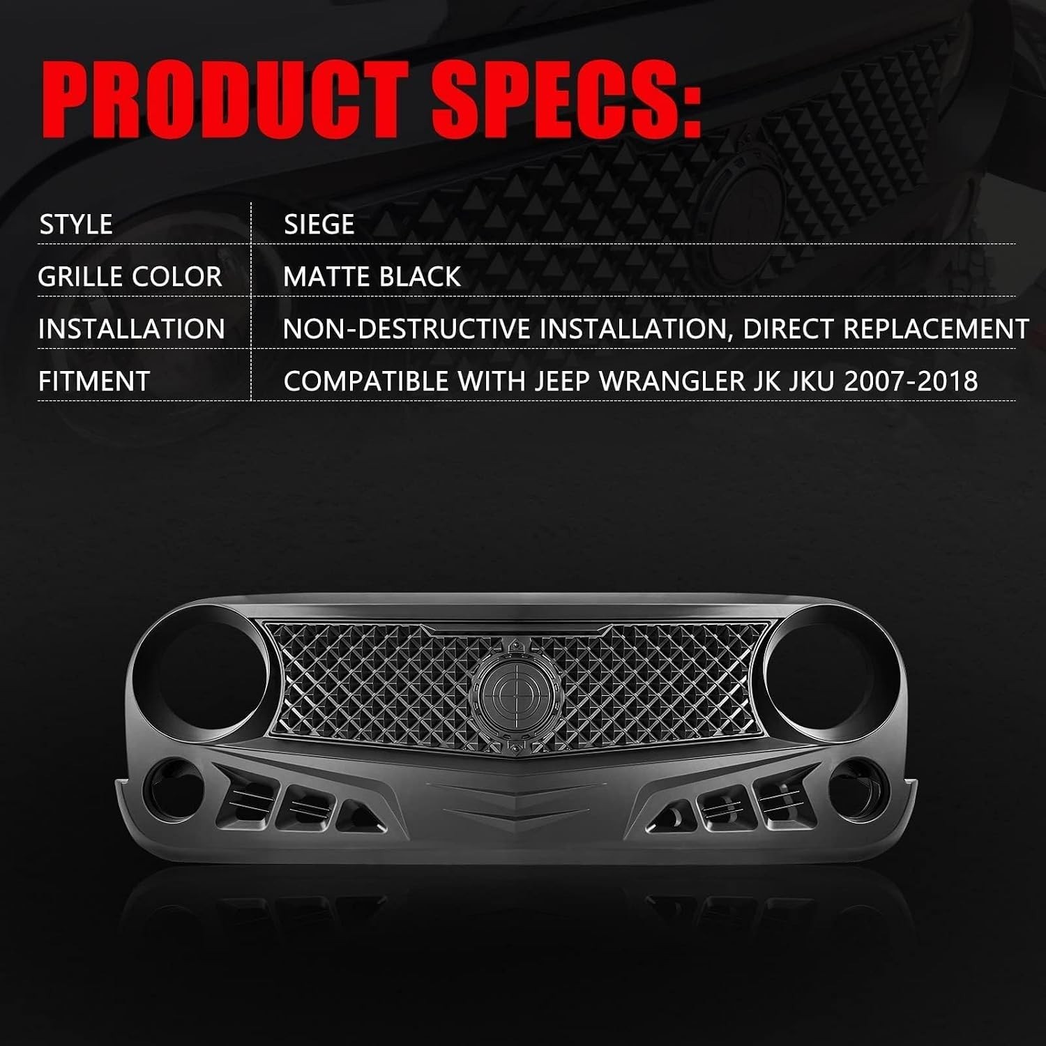 Front Grill with Mesh Matte Black Grille For Jeep Wrangler 2007-2018 Rubicon