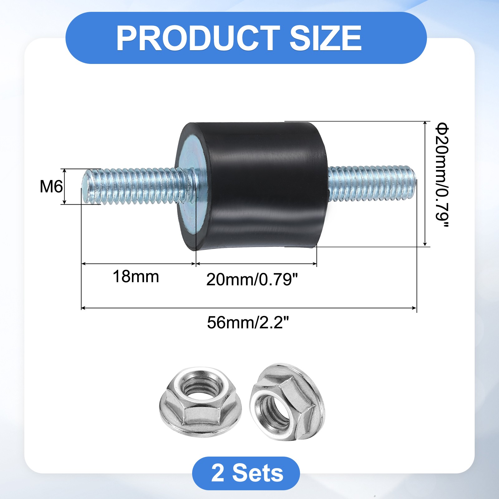 2Pcs M6 x 18mm Rubber Mounts, 20 x 20mm Rubber Vibration Isolator with Nuts