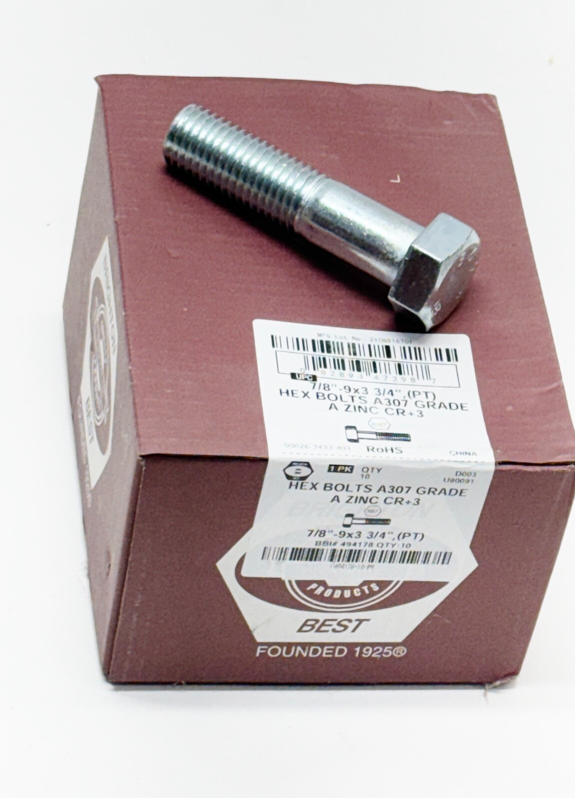 7/8-9 x 3 3/4″ Hex Bolt (PT) Grade A Zinc CR+3 A307 —Qty 10 -Brighton Best