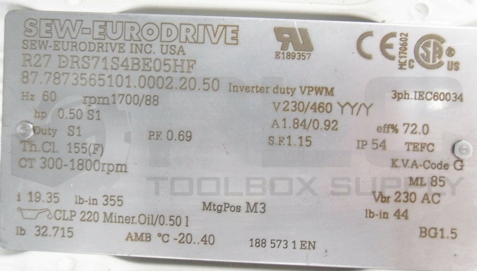 NEW SEW EURODRIVE R27DRS71S4BE05HF GEAR MOTOR 60HZ 1700/88RPM 230/460V