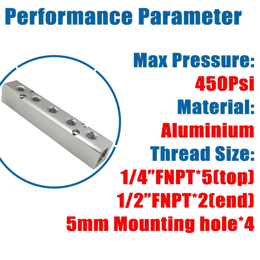 Quality 5 Way 7 Port Air Manifold 1/2″ NPT Supply Port 1/4″ NPT Outport With …