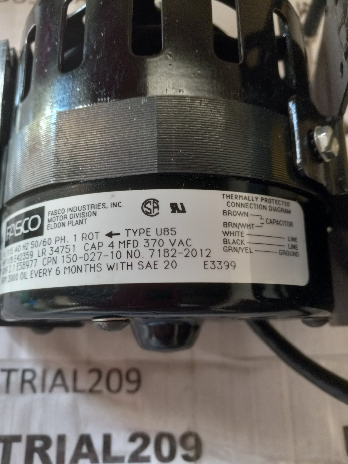 1/8” HP FASCO 485 V 115 PH 1 3000 RPM