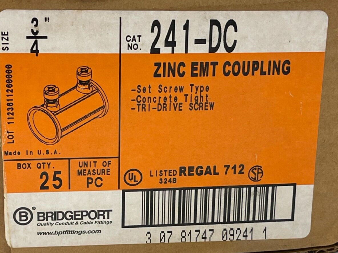 BRIDGEPORT 241-DC 3/4″ ZINC EMT COUPLING (LOT OF 25)