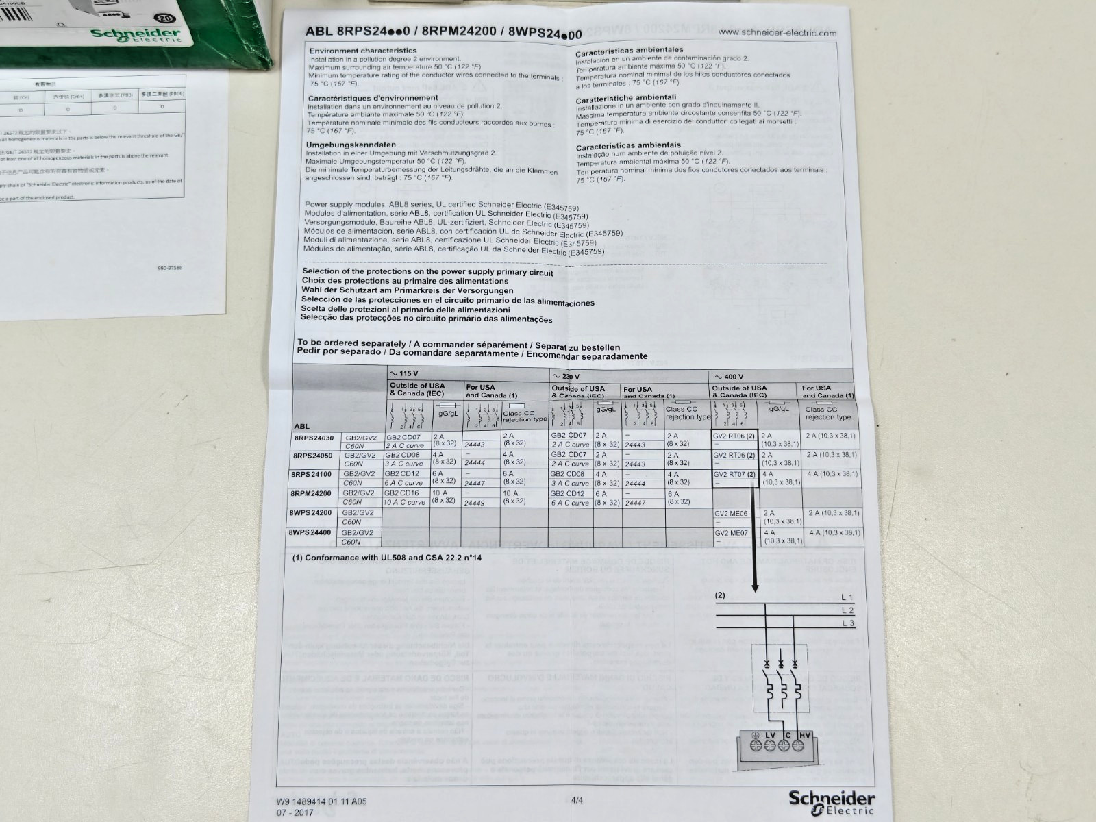 ABL8 RPS24100 Schneider Regulated SMPS 1 or 2 phase 100..500 V – 24V – 10A