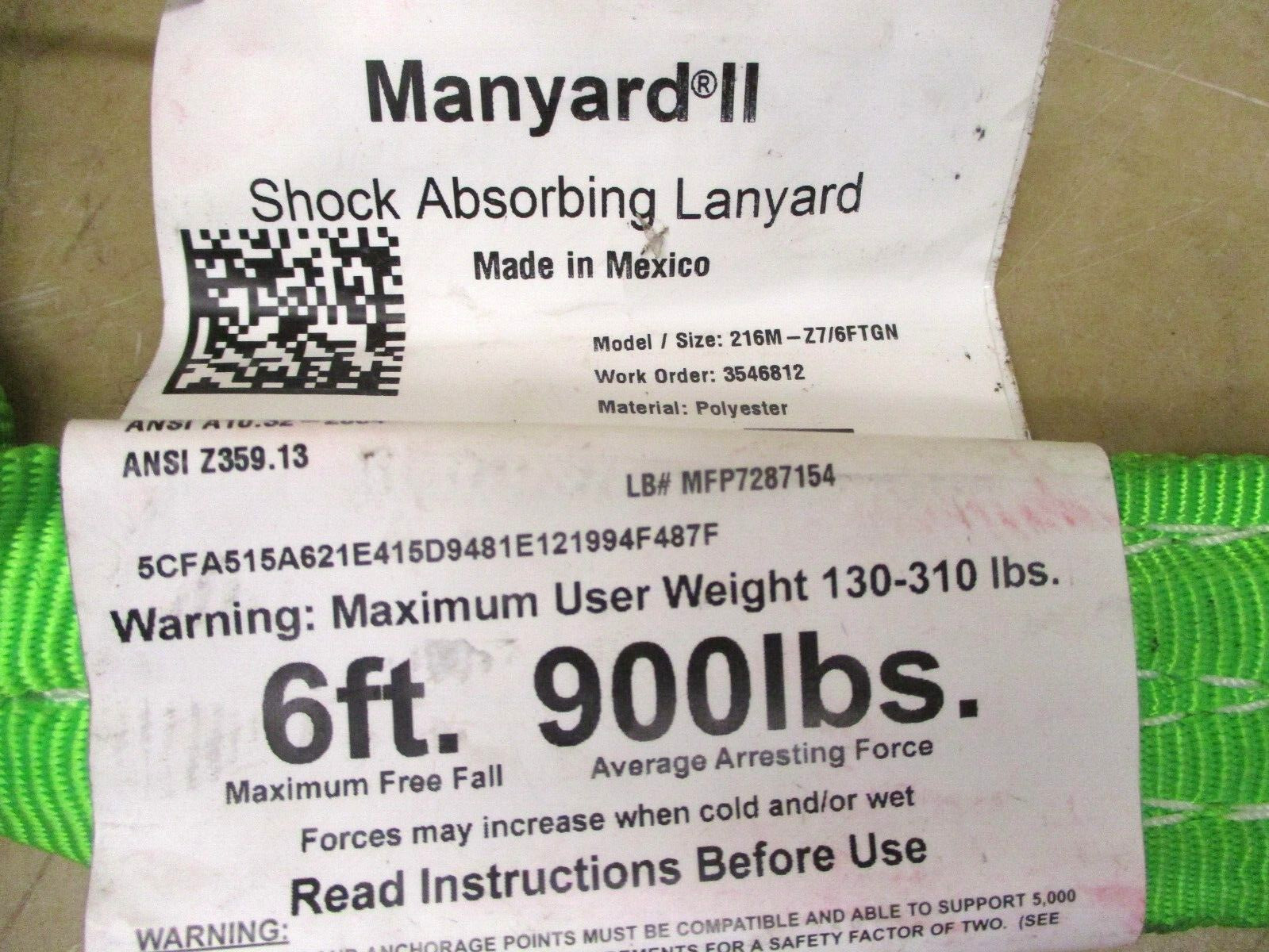 Manyard II 216M-Z7/6FTGN Shock Absorbing Lanyard 48860LIN