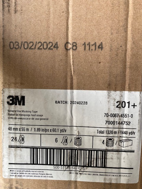 3M General Use Masking Tape 201+ Tan, 48 mm x 55 m 4.4 mil, 24 per (Case of 24)
