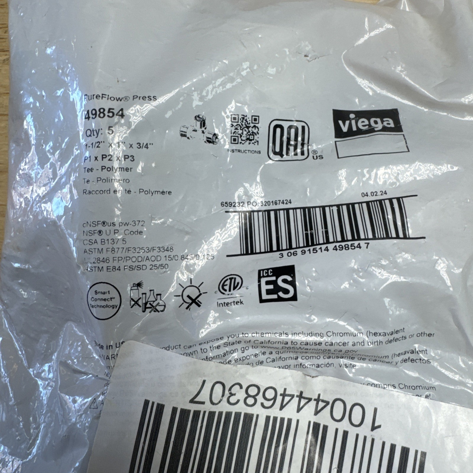 Viega 49854 PureFlow 1-1/2 x 1 x 3/4 in. Plastic PEX Press Tee🔥Qty 5