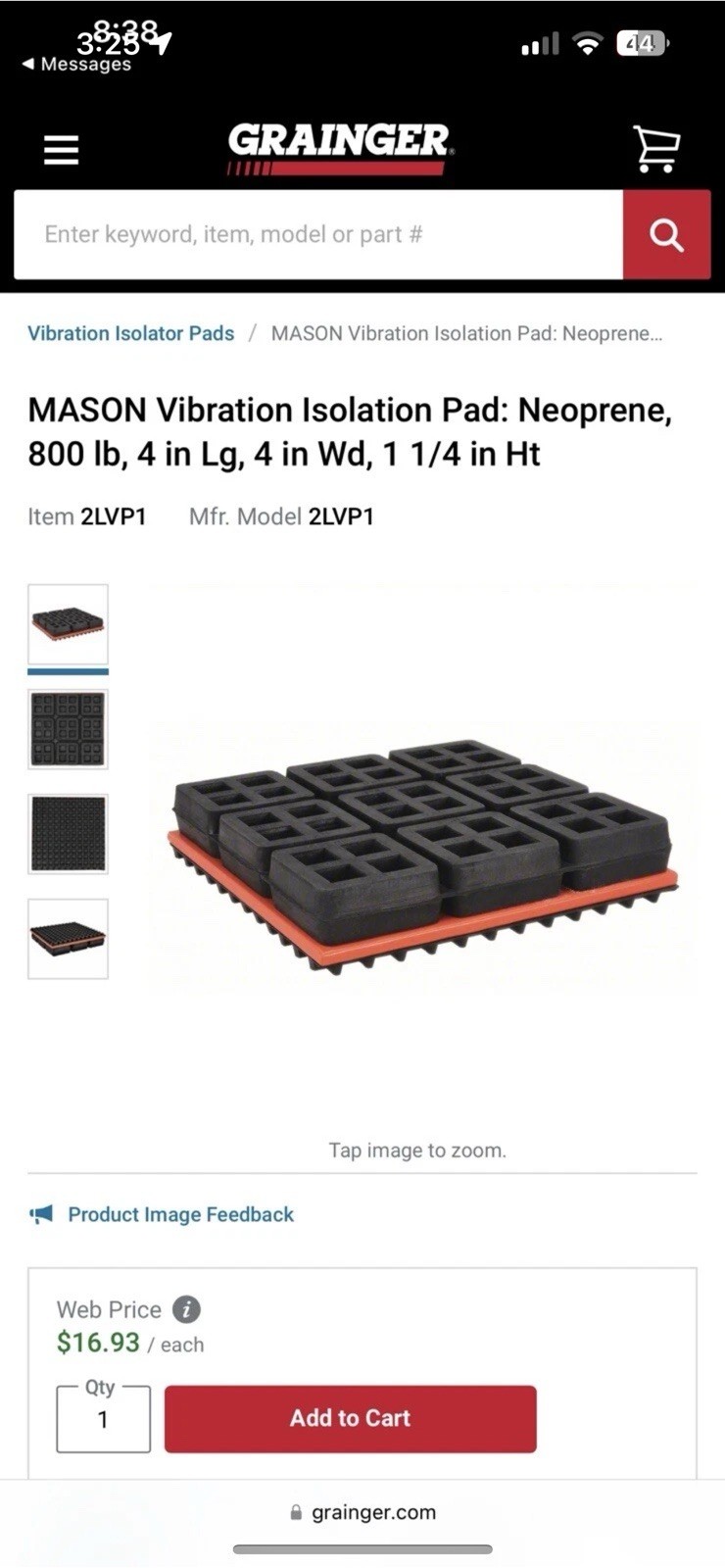 Mason Vibration Isolation Pads 2LVP1, 4″ x 4″ x 1-1/4″, 800 lbs, Super W Pad