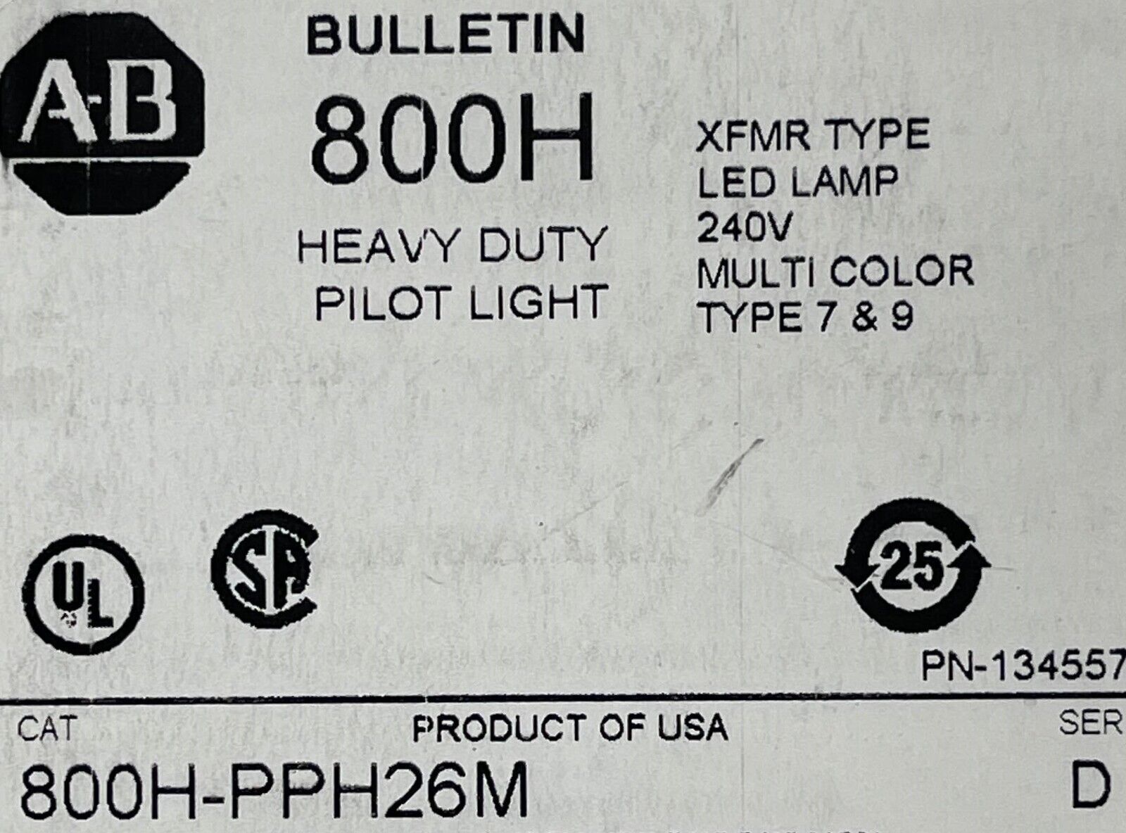 New! Allen Bradley 800H-PPH26M Heavy Duty Pilot Light Lamp 240V LED Multi-Color