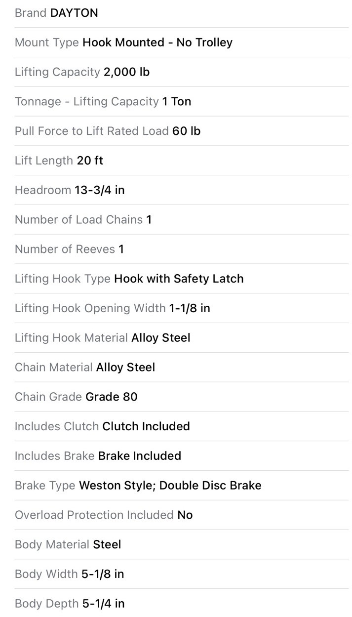 DAYTON 1VW57 Manual Chain Hoist Hook Mounted No Trolley, 2000 lb Cap, 20 Ft Lift