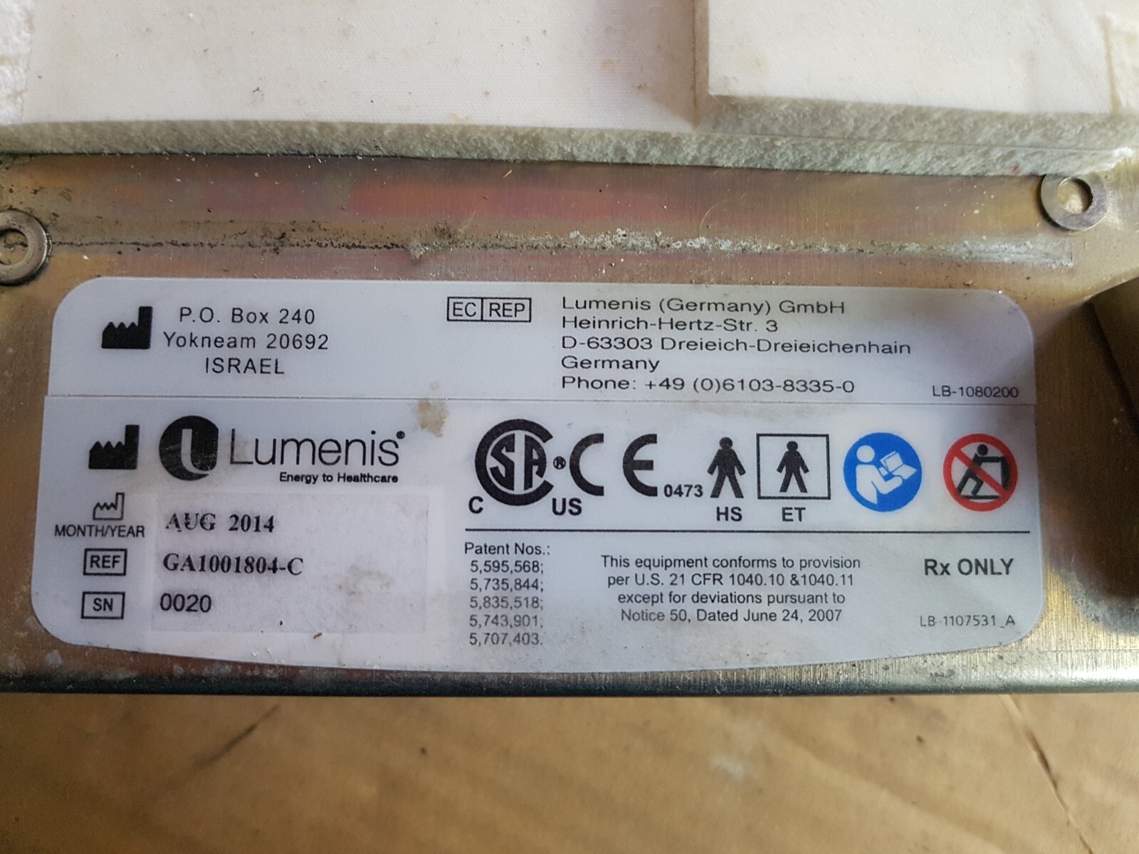 LUMENIS LightSheer INFINITY GA1001804-C, ASSY LOWER REAR I/O PANEL SASC01031-A
