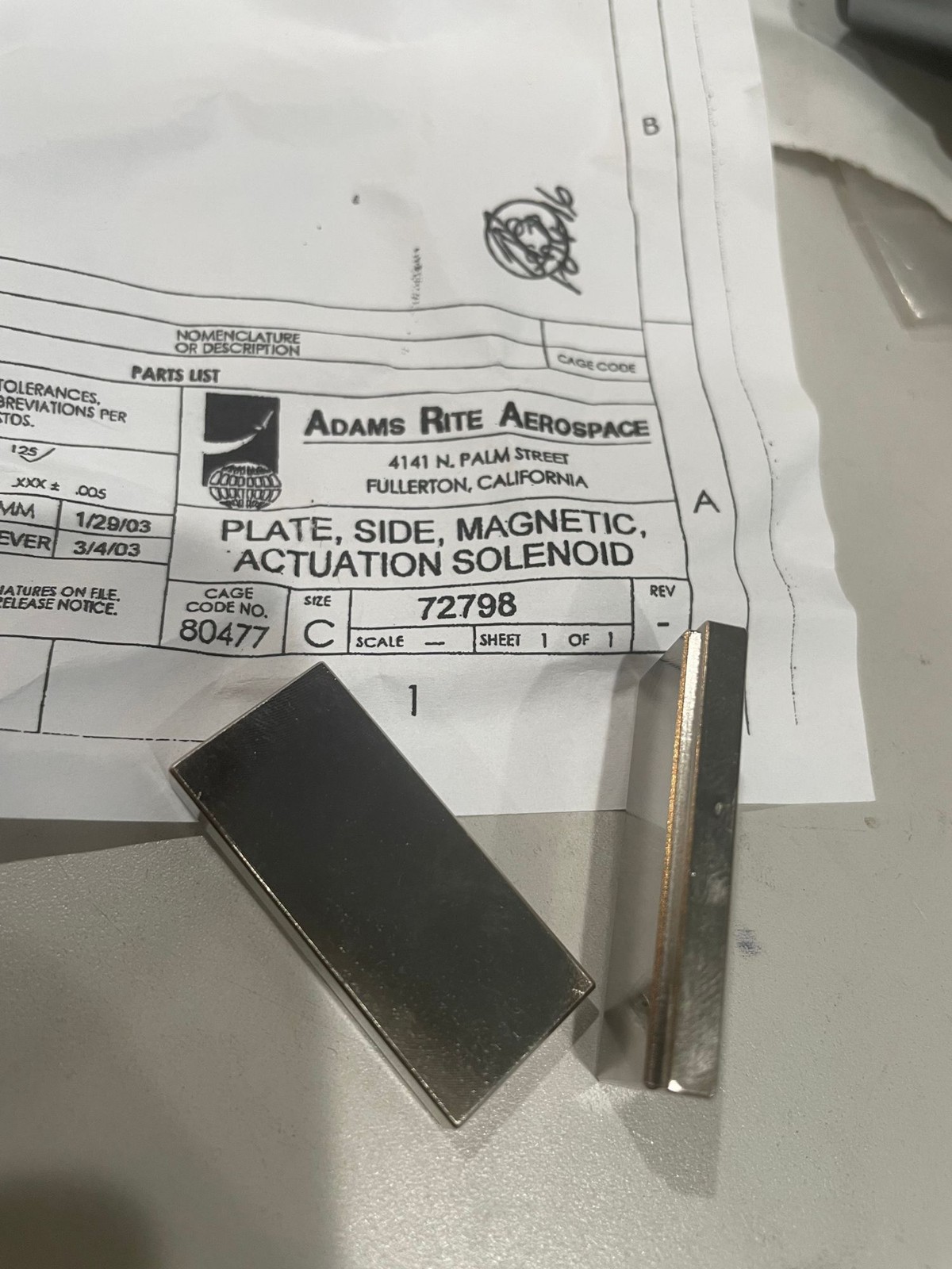 ADAMS RITE AEROSPACE INC 72798 MAGNETIC SIDE PLATE ACTUATOR