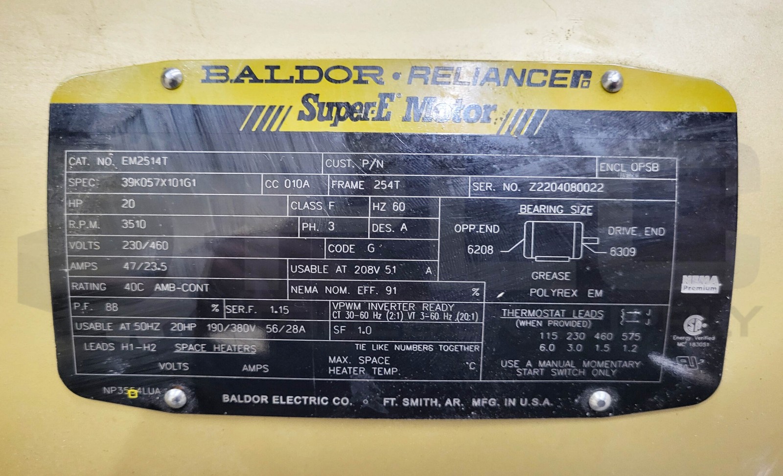 NEW BALDOR EM2514T MOTOR 20HP 3510RPM 3PH FR: 254T; 39K057X101G1