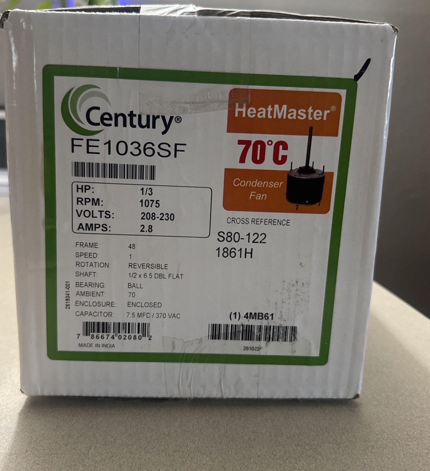 CENTURY FE1036SF Condenser Fan Motor,1/3 RPM 1075 ,S80-1221861H