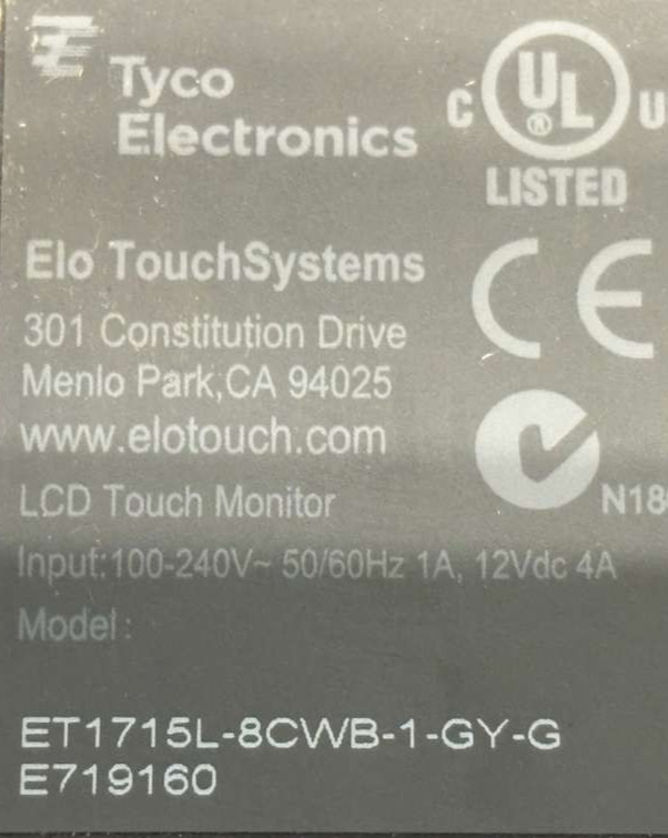 Tyco Electronics Elo TouchSystems LCD Touch Monitor ET1715L-8CWB-1-GY-G, E719160