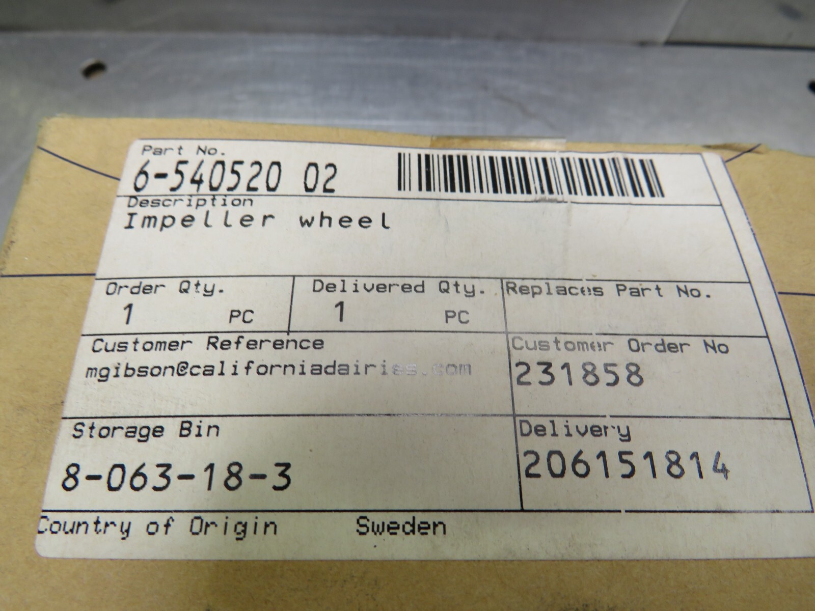 Alfa Laval 6-540520-02 Impeller Wheel