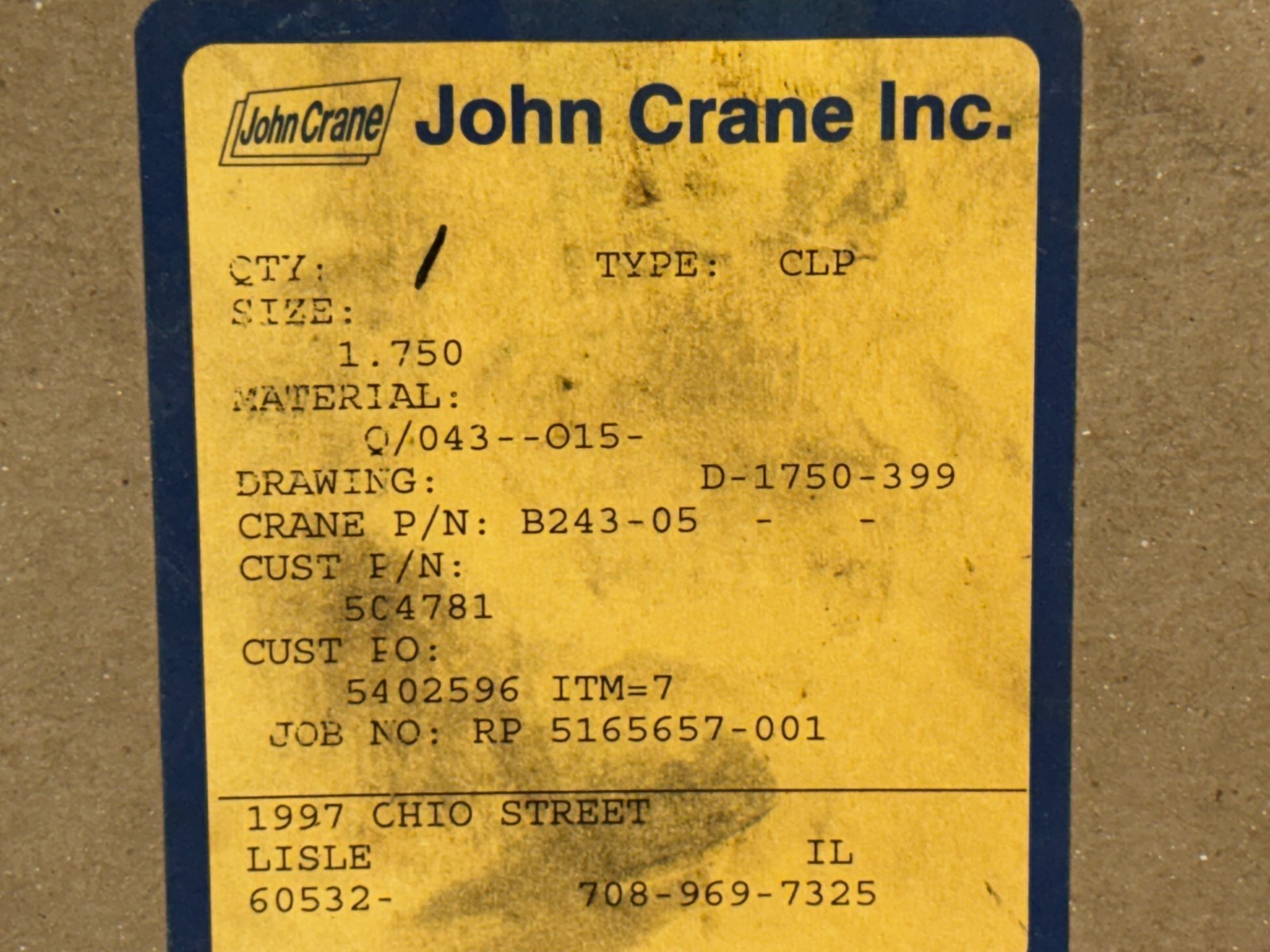 NEW OLD STOCK! JOHN CRANE SIZE:1.750″ MATING RING B243-05 D-1750-399