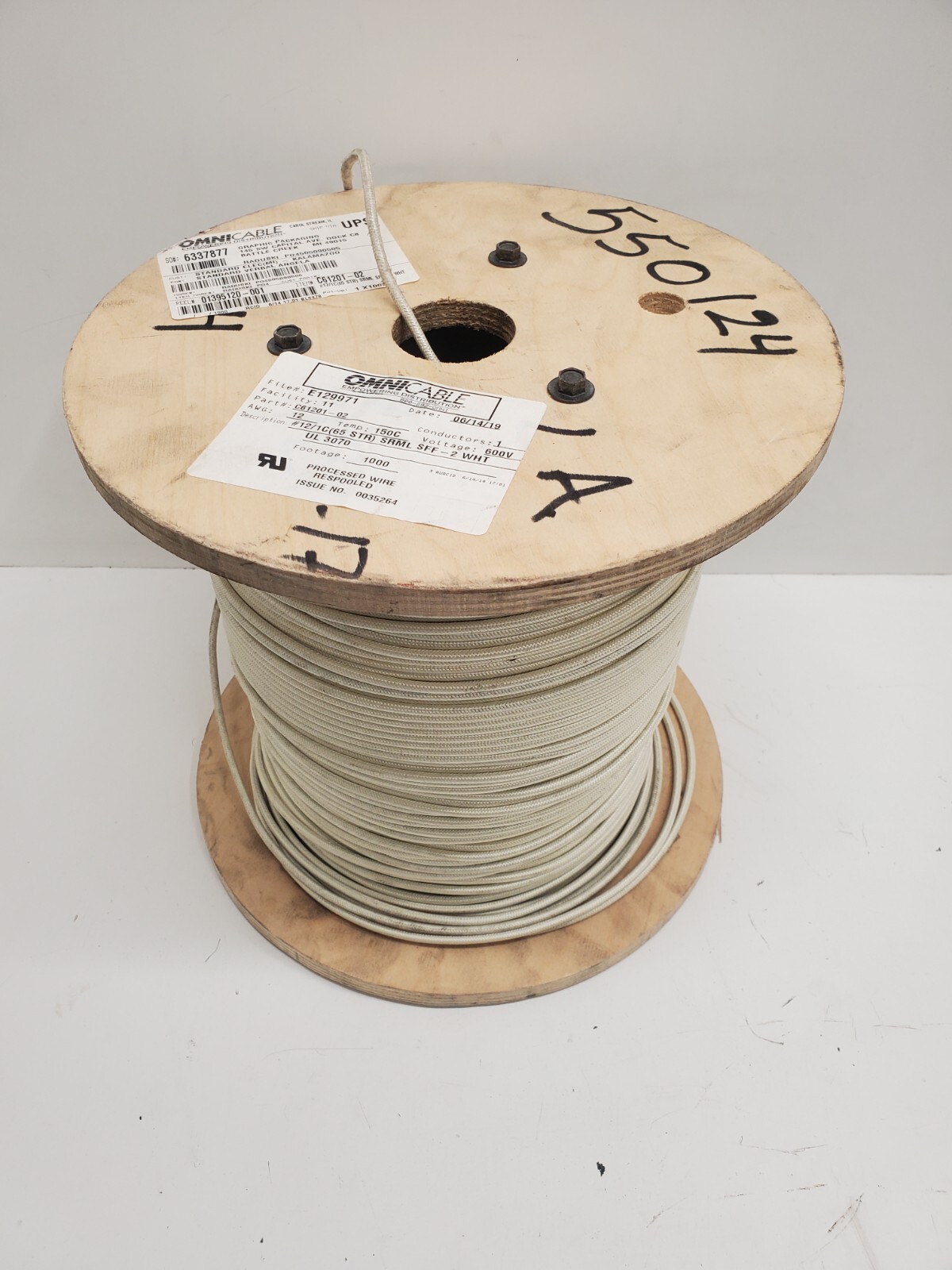 NEW OLD STOCK! OMNICABLE LBS 12AWG 600V WHITE CABLE SPOOL C61201-02