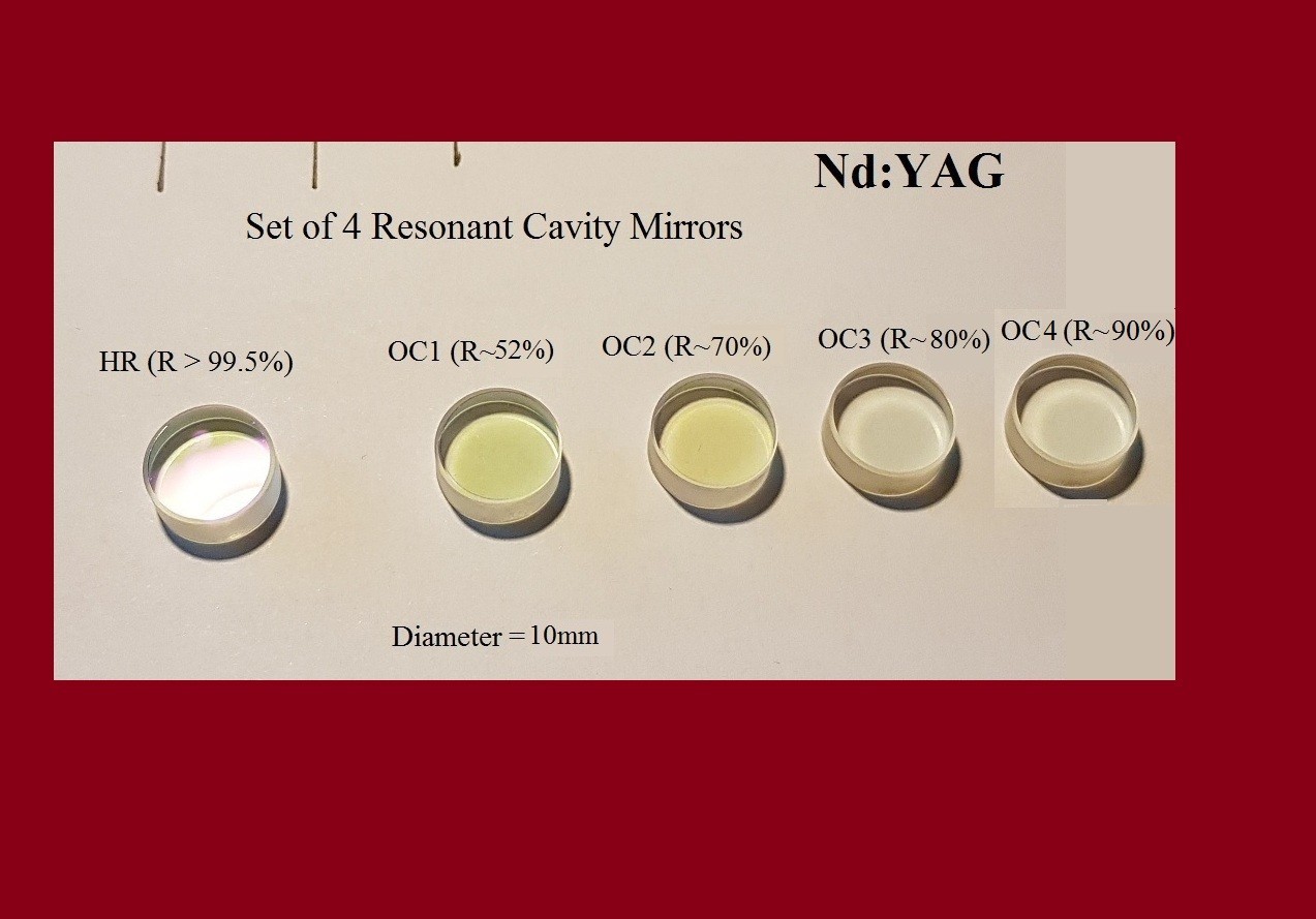 Set of 5 Resonant Cavity Mirrors for Nd:YAG laser: HR+R52%+R70%+R80% +R90% -Φ10