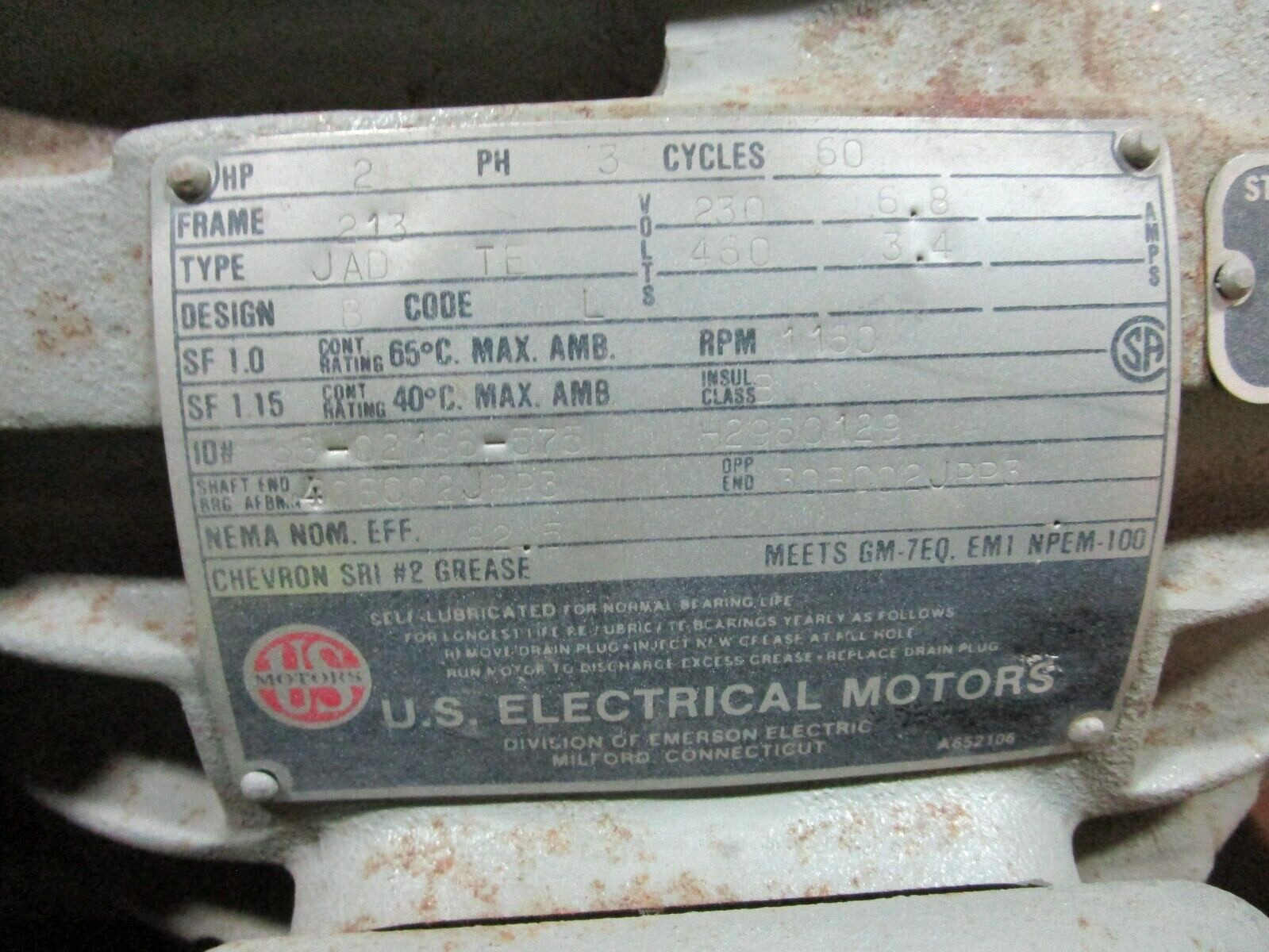 US Electrical Motors 2HP 3 PH 213 Frame 230/460 Volts 51204LR