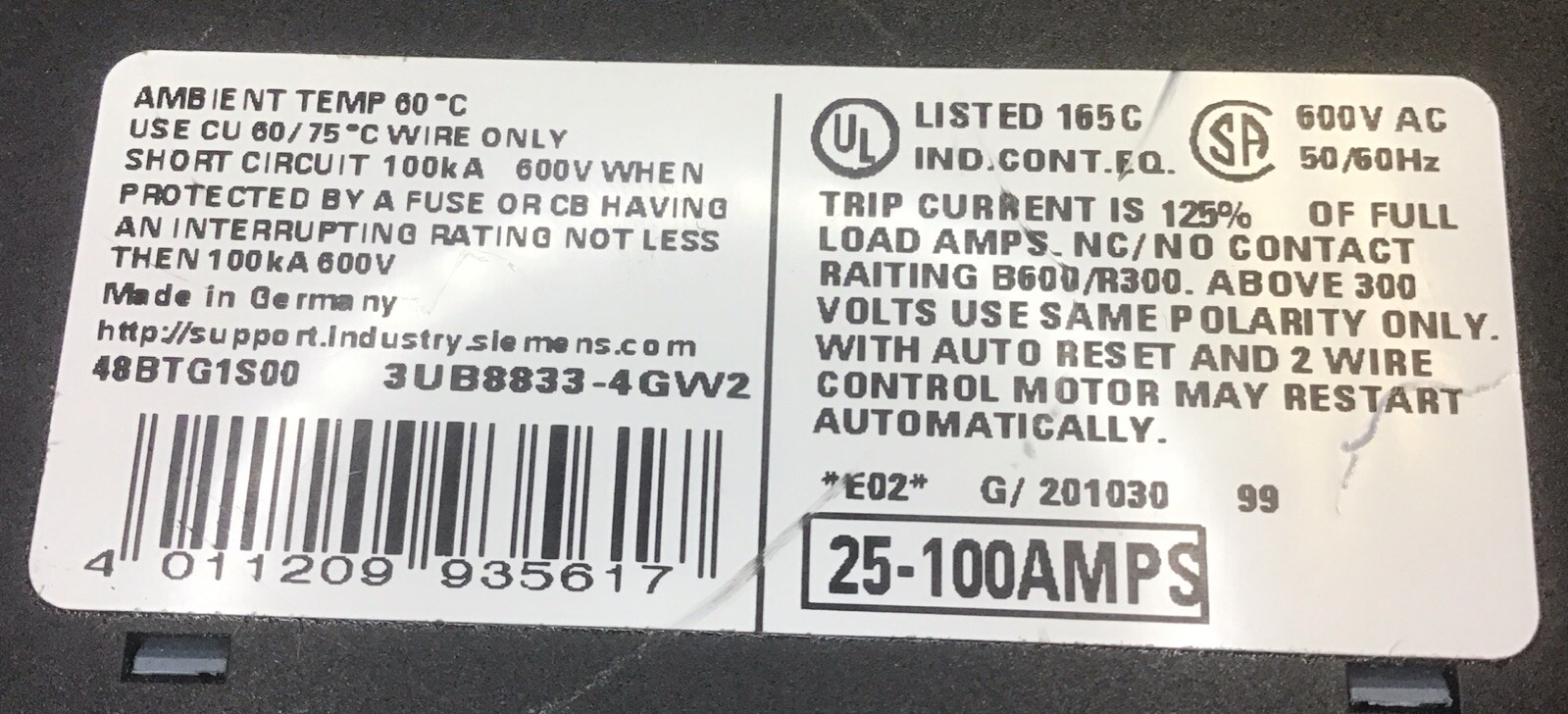 Siemens Solid State Overload Relay 25-100 A 600V AC 48BTG1S00 (b462)