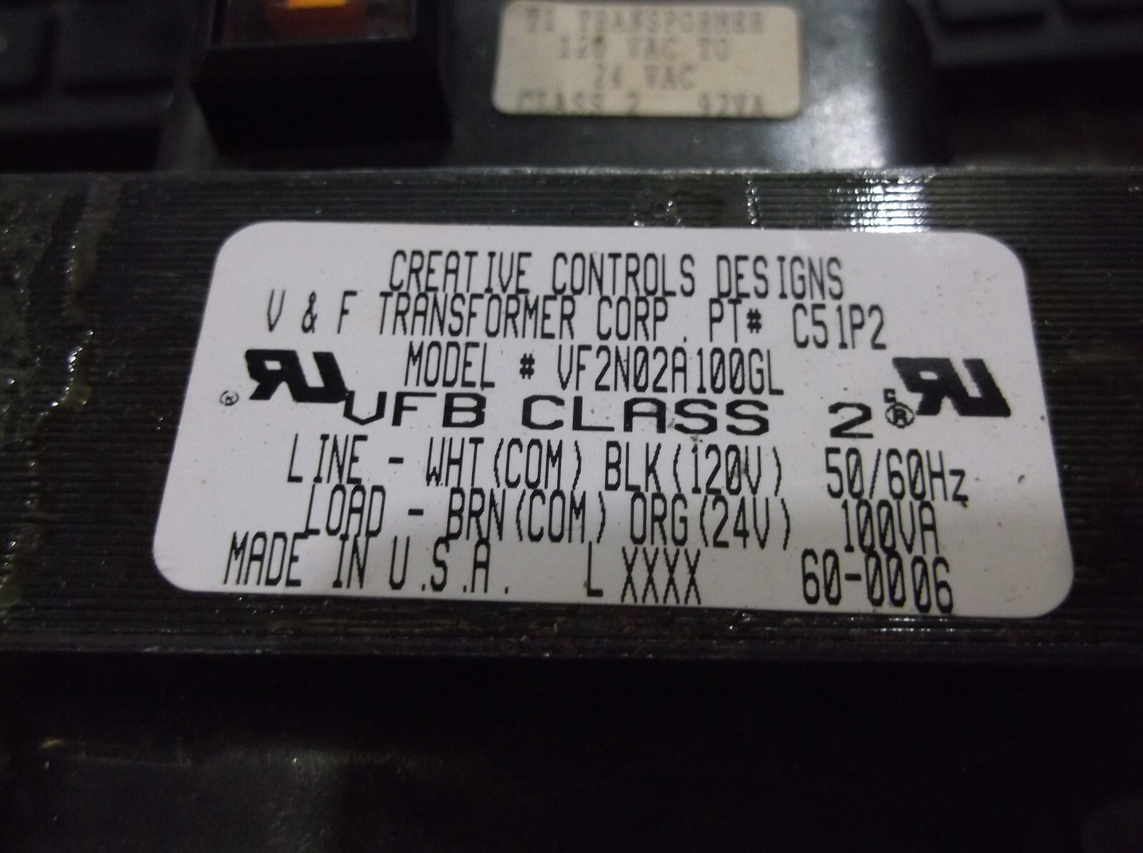 CREATIVE CONTROLS V&F TRANSFORMER CORP. VF2N02A100GL C51P2 TRANSFORMER (RR4)
