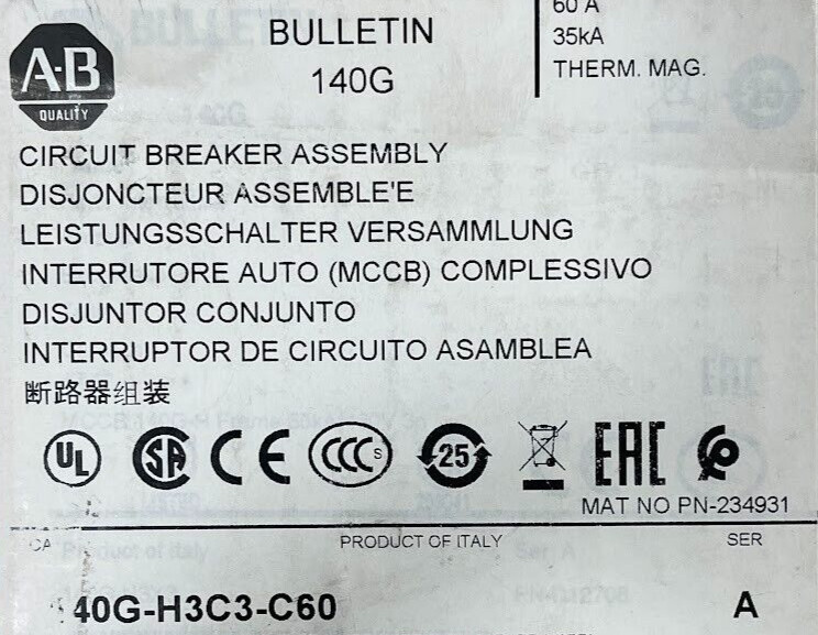 New – Allen Bradley 140G-H3C3-C60 Circuit Breaker 60 A