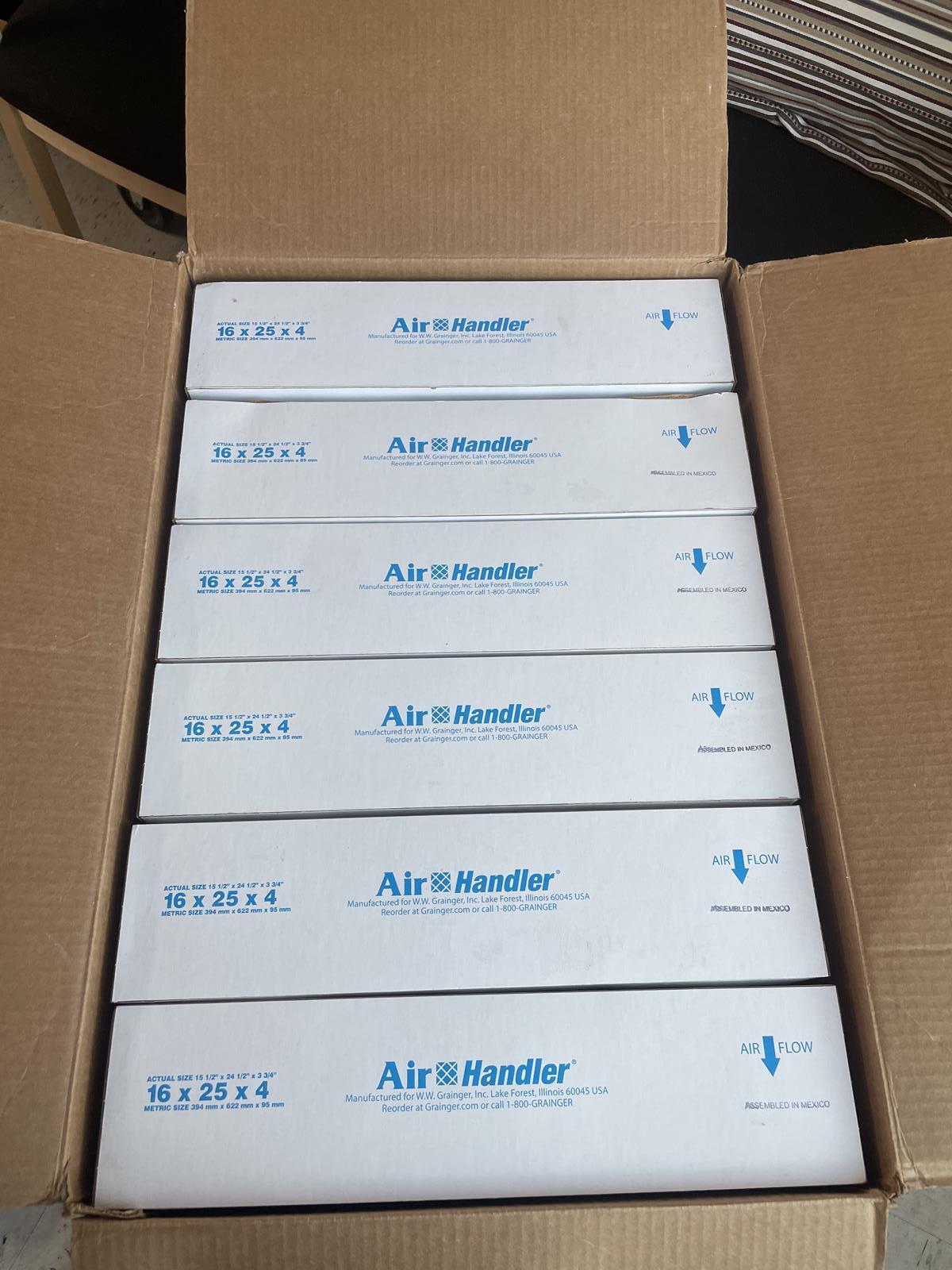 AIR HANDLER (6) 6B949 16X25X4 HC PLEAT MERV 8 FILTERS, BOX OF 6